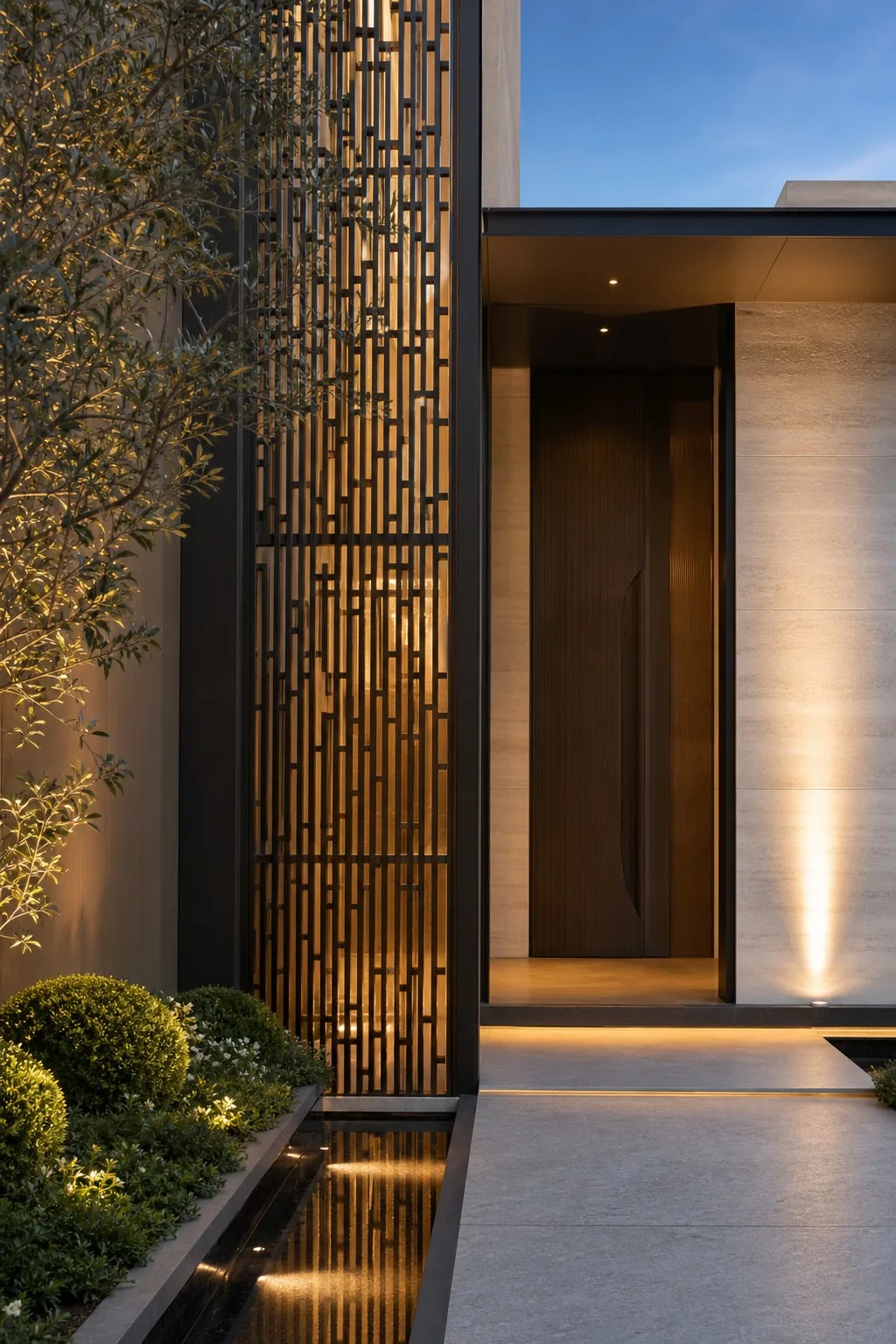 Contemporary entrance with illuminated architectural metal screens