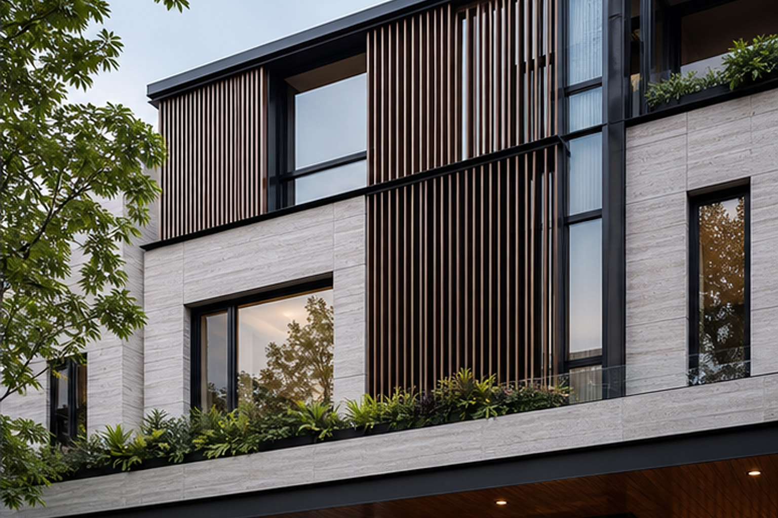 Modern facade cladding and vertical louver design for an Indian home