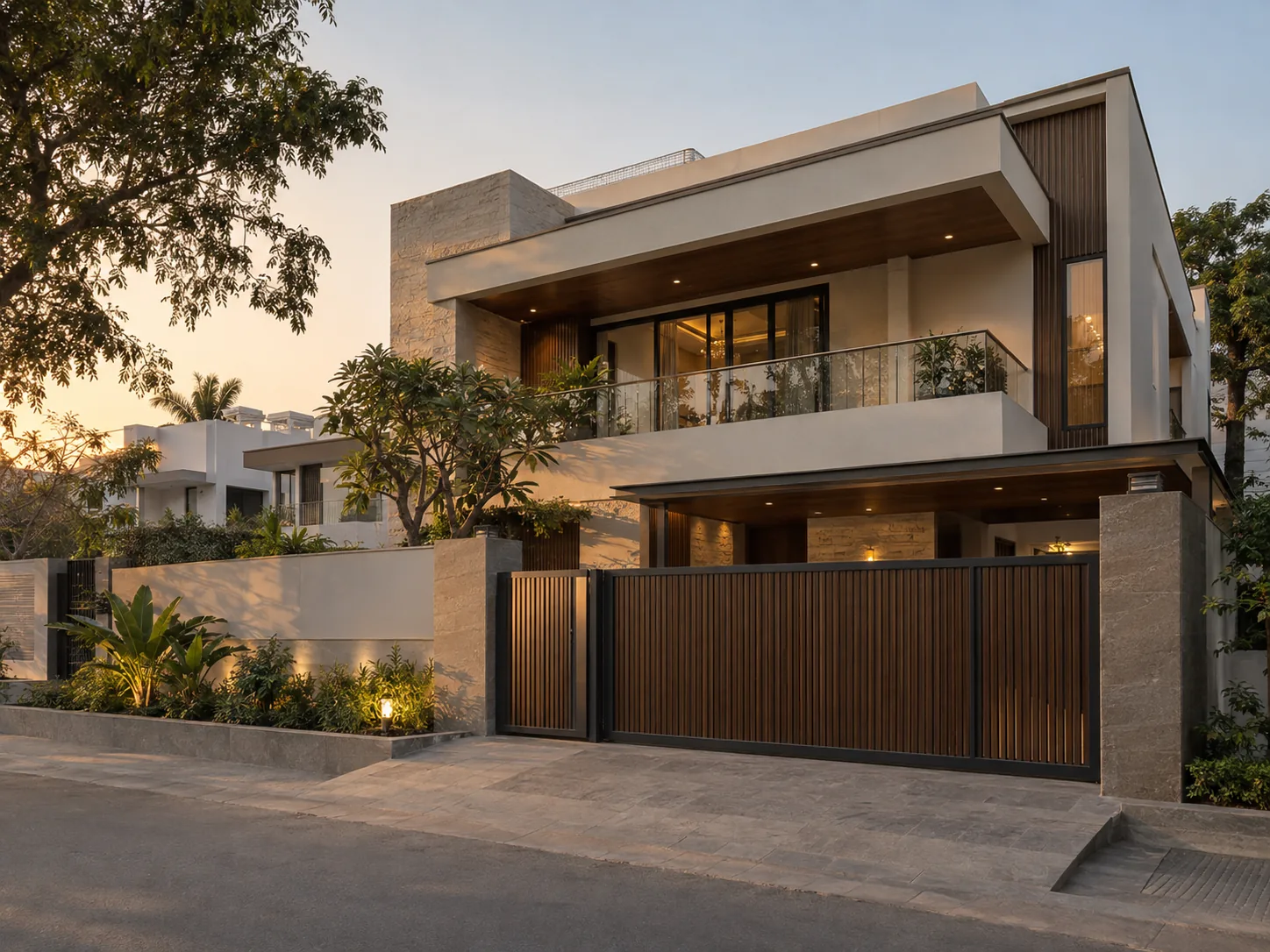 Modern entrance gate complementing a contemporary house elevation