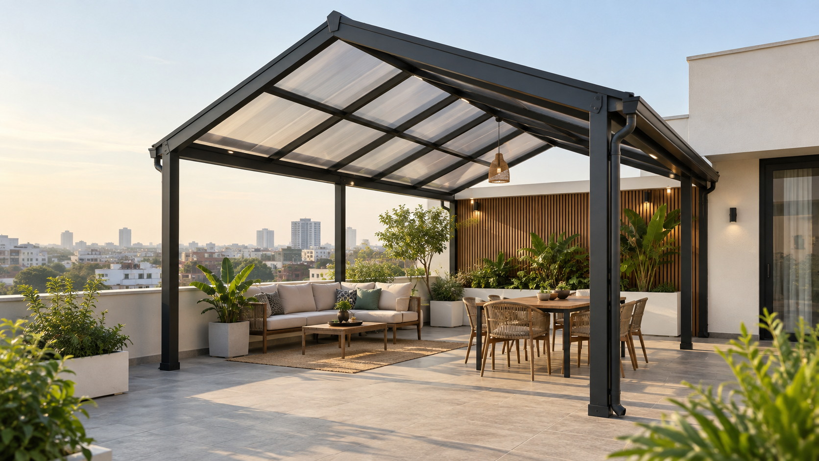 Modern black steel gable-roof pergola with translucent panels on an Indian rooftop terrace