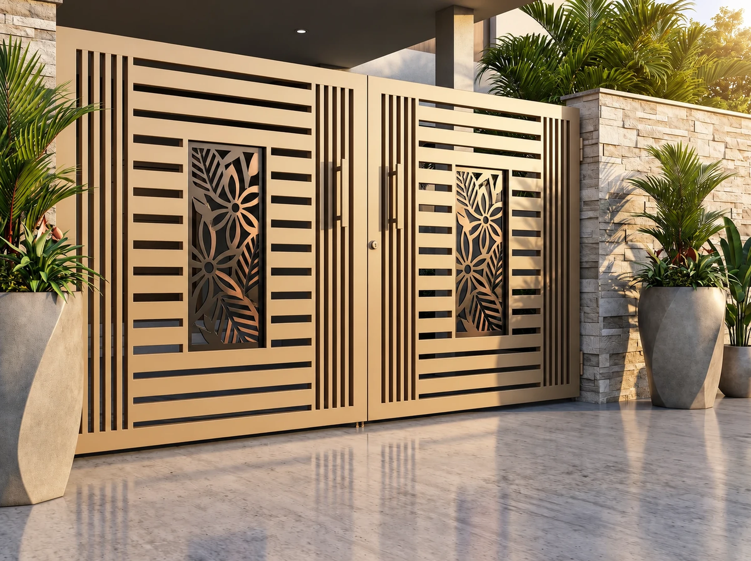 Beige Floral Laser-Cut Main Gate Design