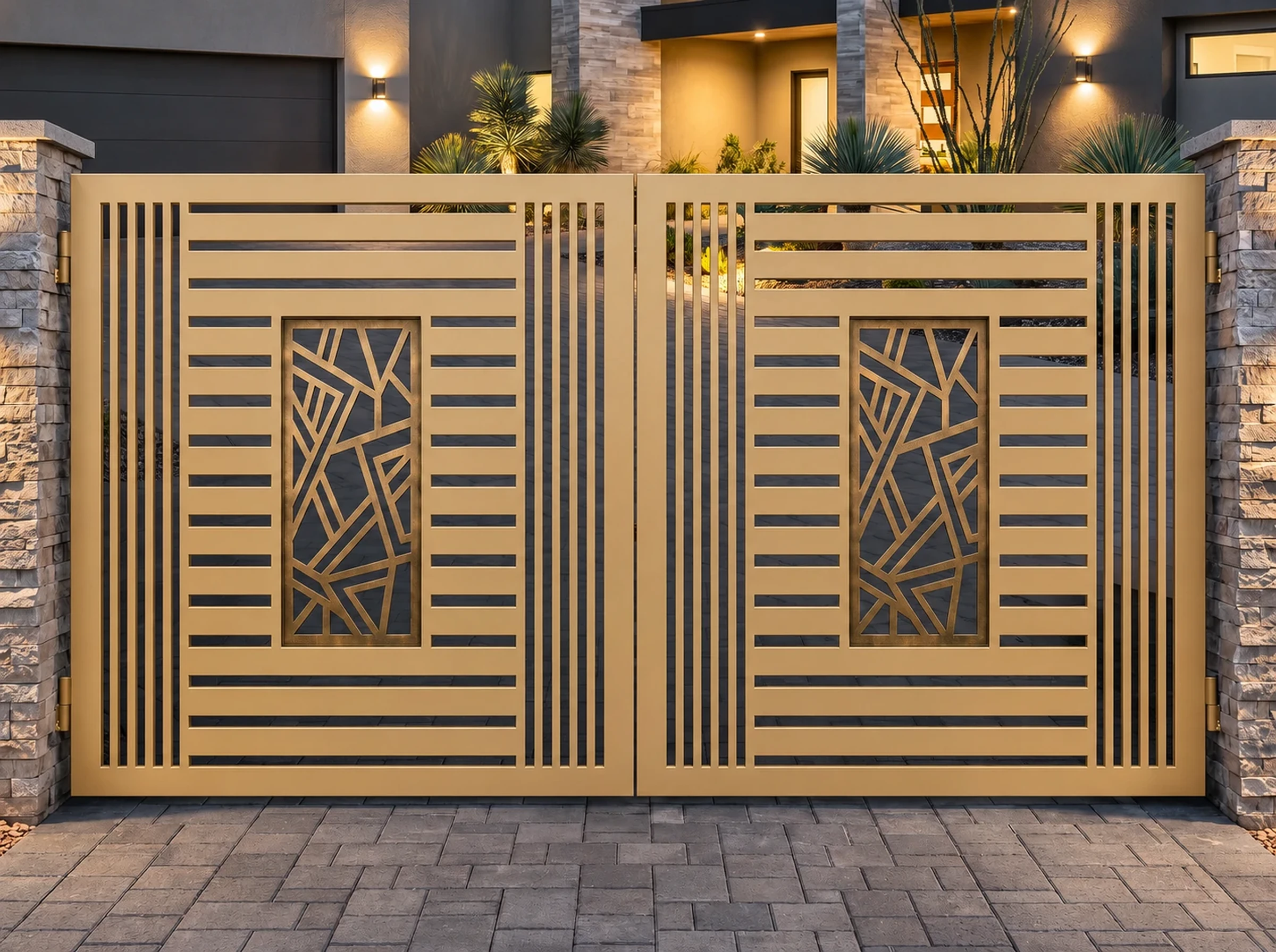 Beige Geometric Modern Driveway Gate