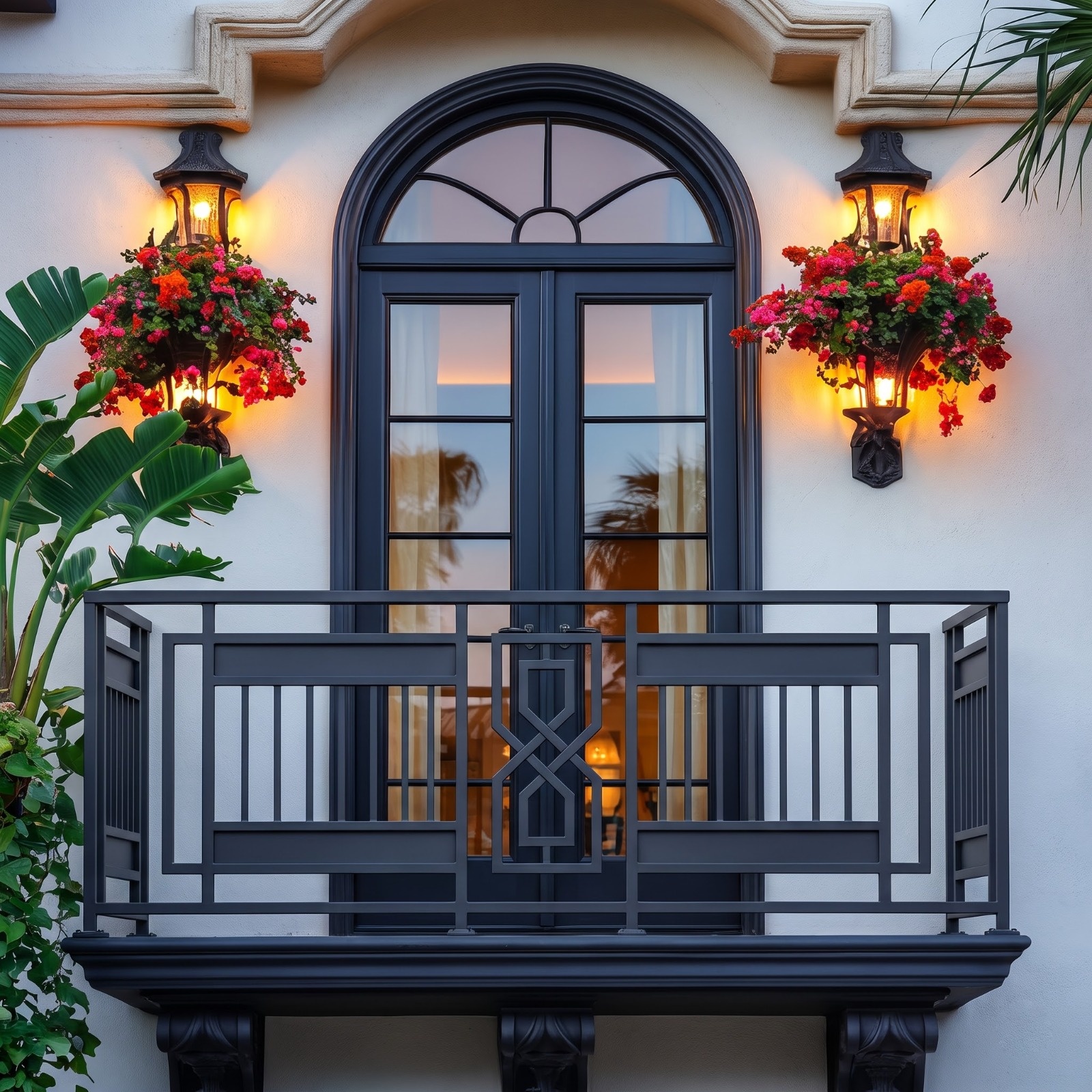 Black Metal Balcony Railing with Interlocking Geometric Centrepiece