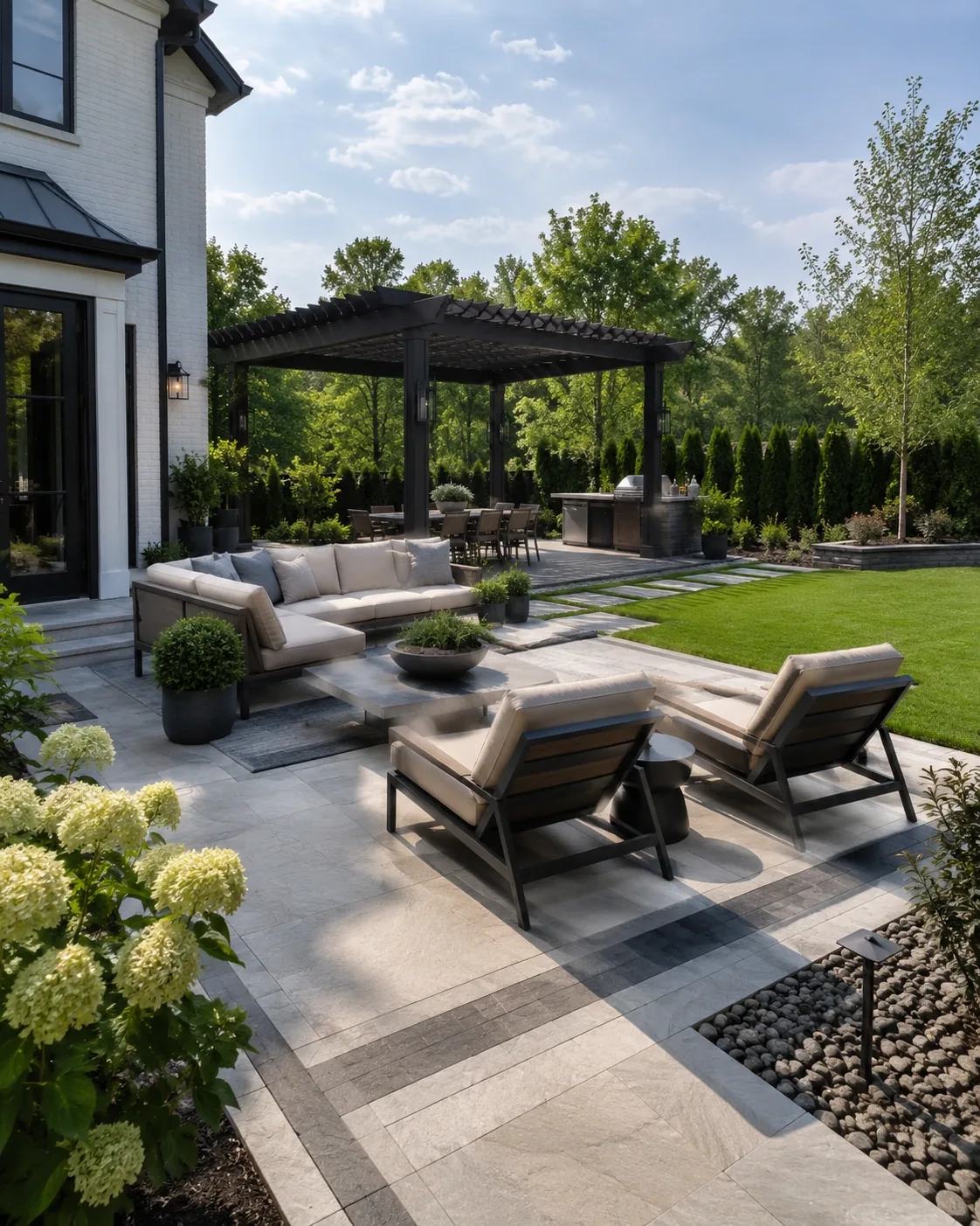 Modern garden pavilion and backyard lounge with shaded outdoor seating