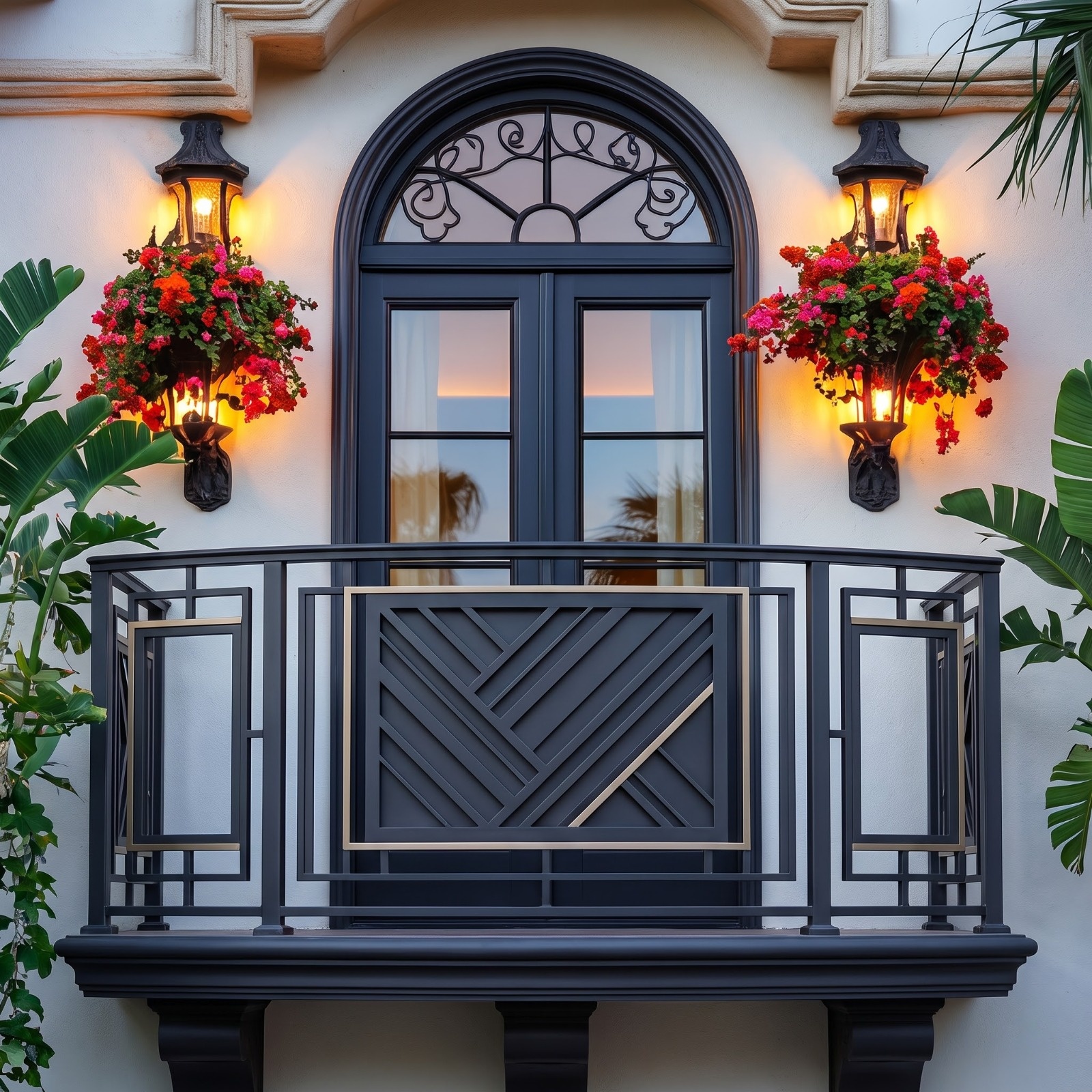 Charcoal Balcony Railing with Diagonal Panel and Bronze-Toned Acce