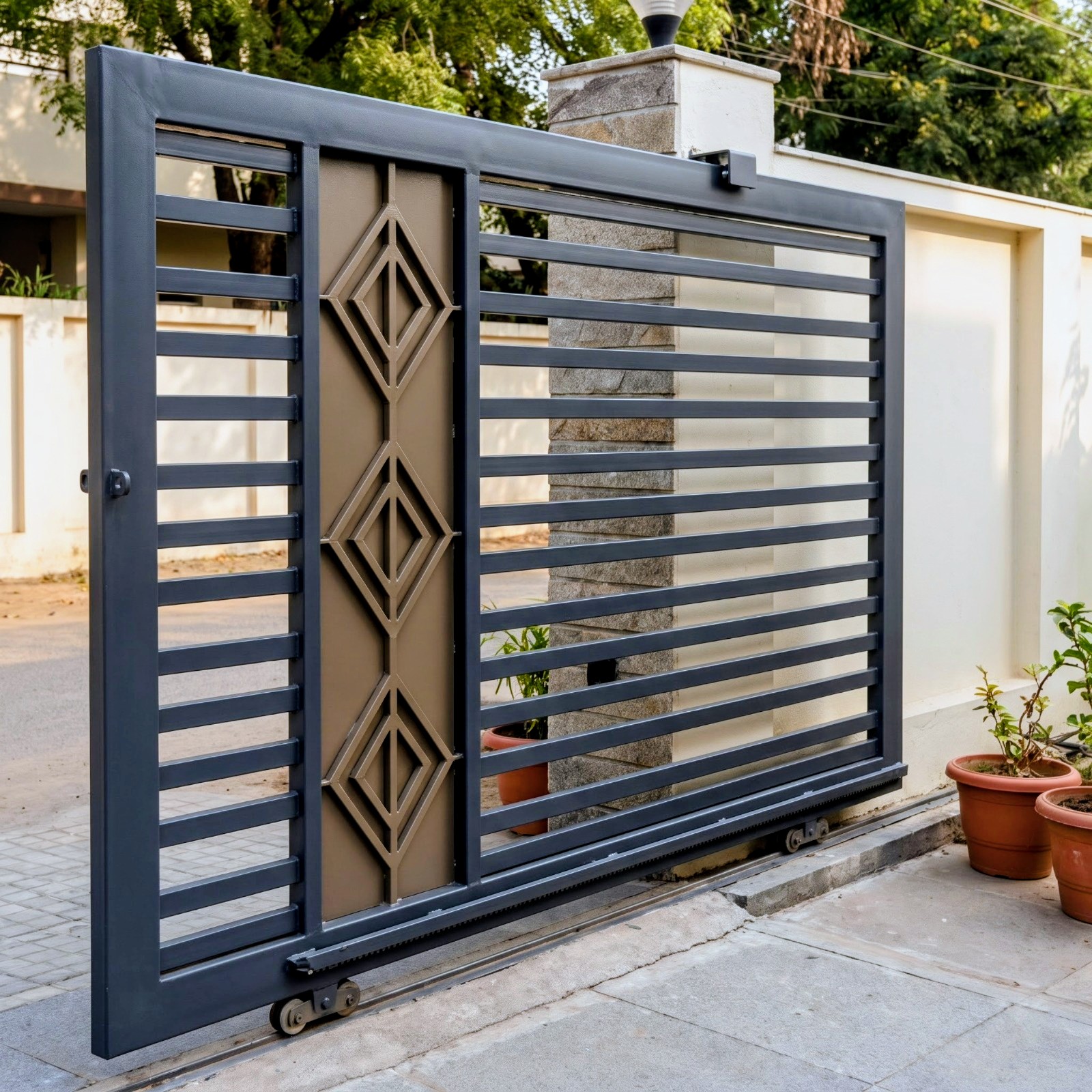 Charcoal Sliding Gate Design with Bronze Diamond Accents