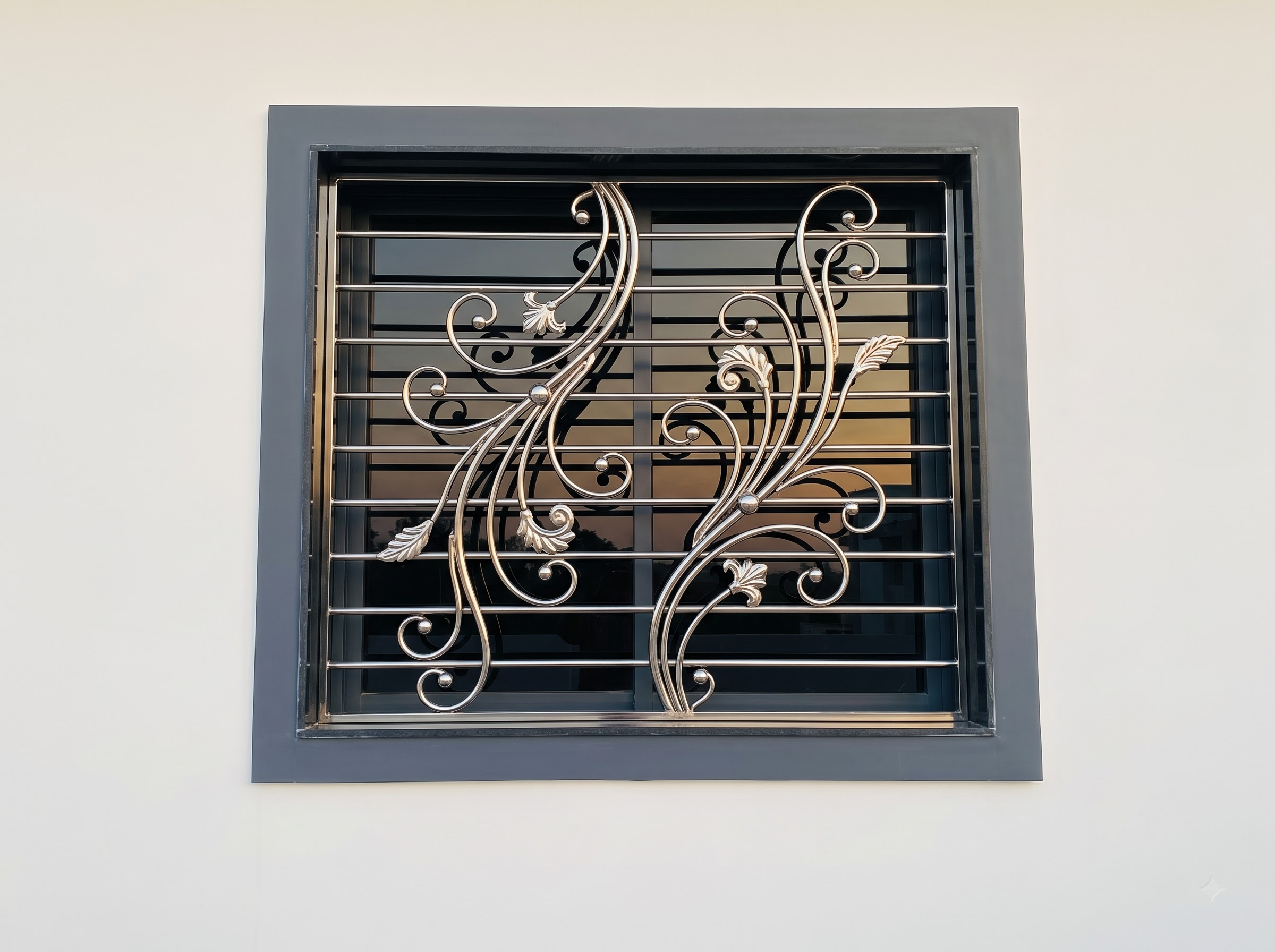 Contemporary Floral Stainless Steel Window Grill Design for an Indian home exterior