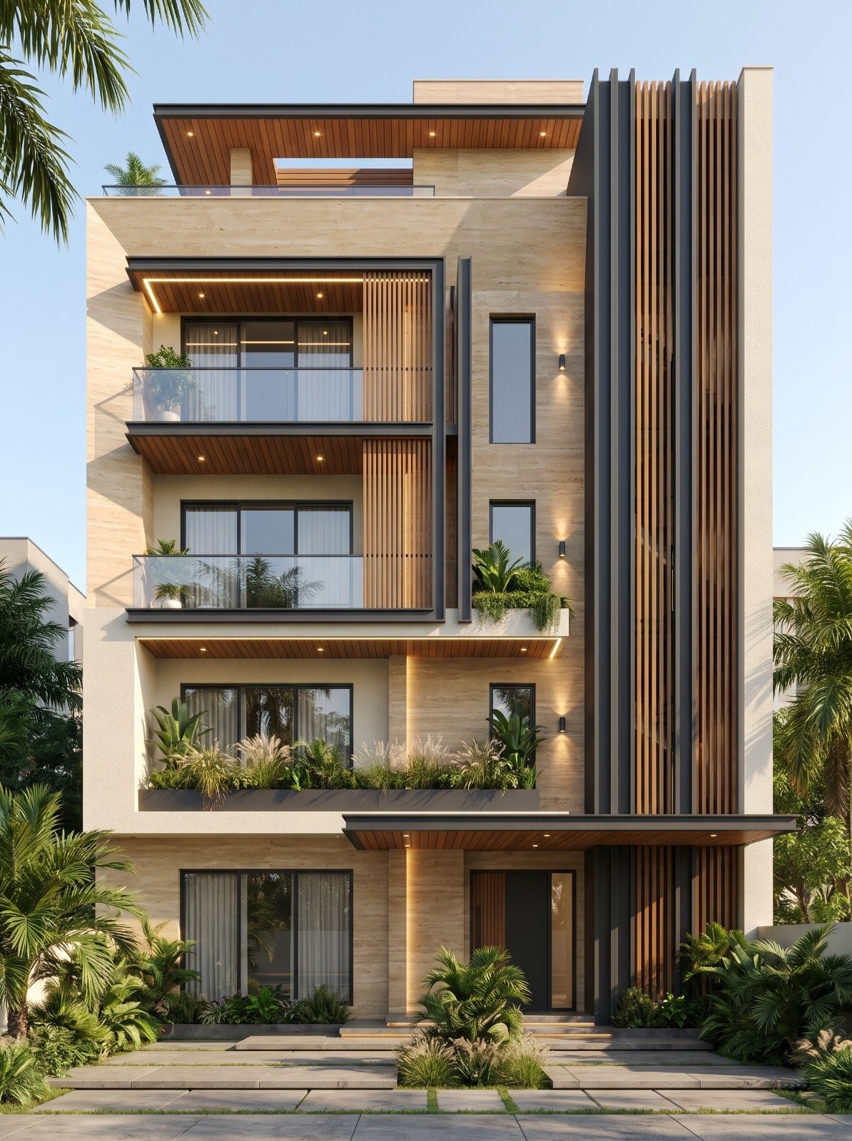 Contemporary Stone and Wood House Facade Design