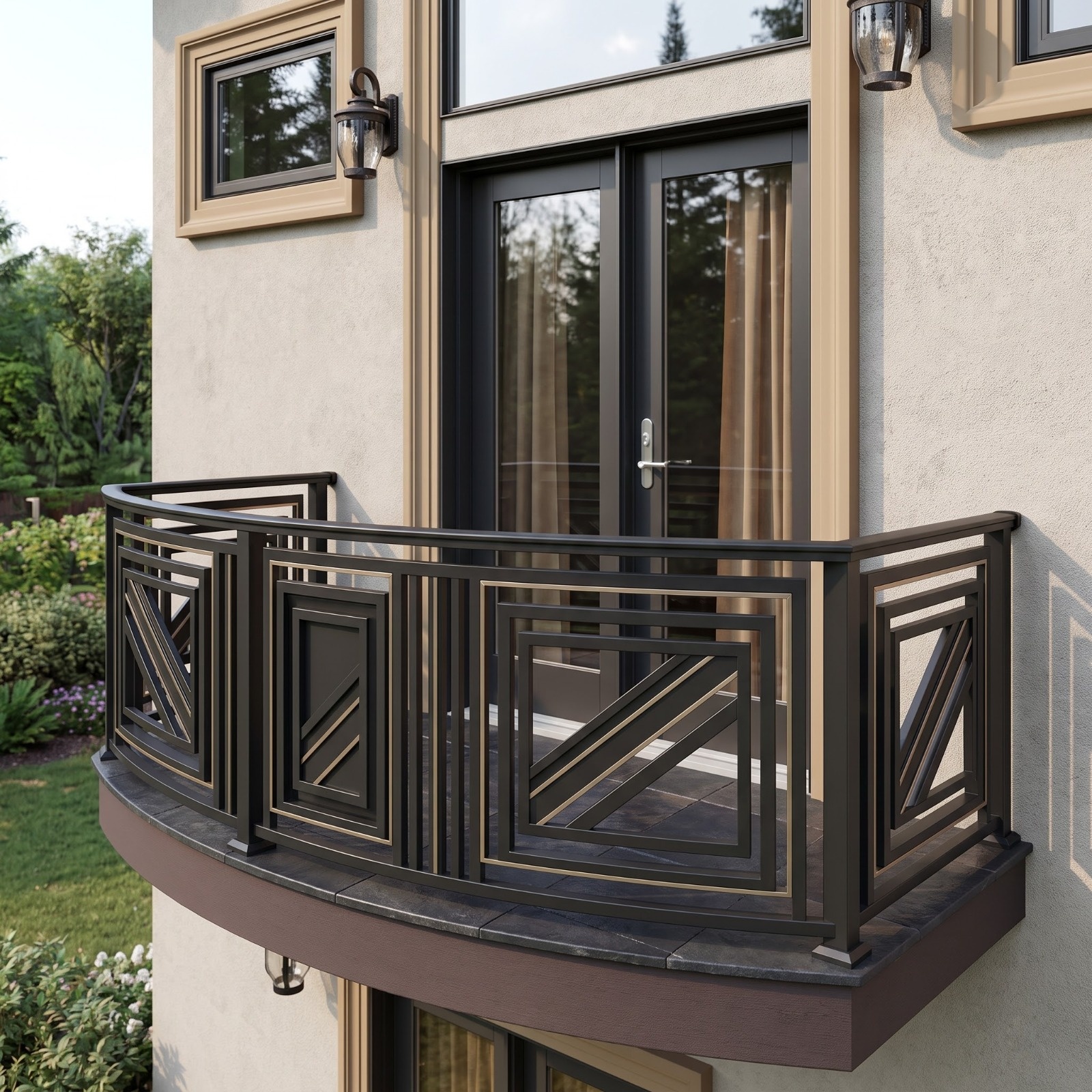 Curved Balcony Railing with Geometric Panels and Bronze-Toned Trim