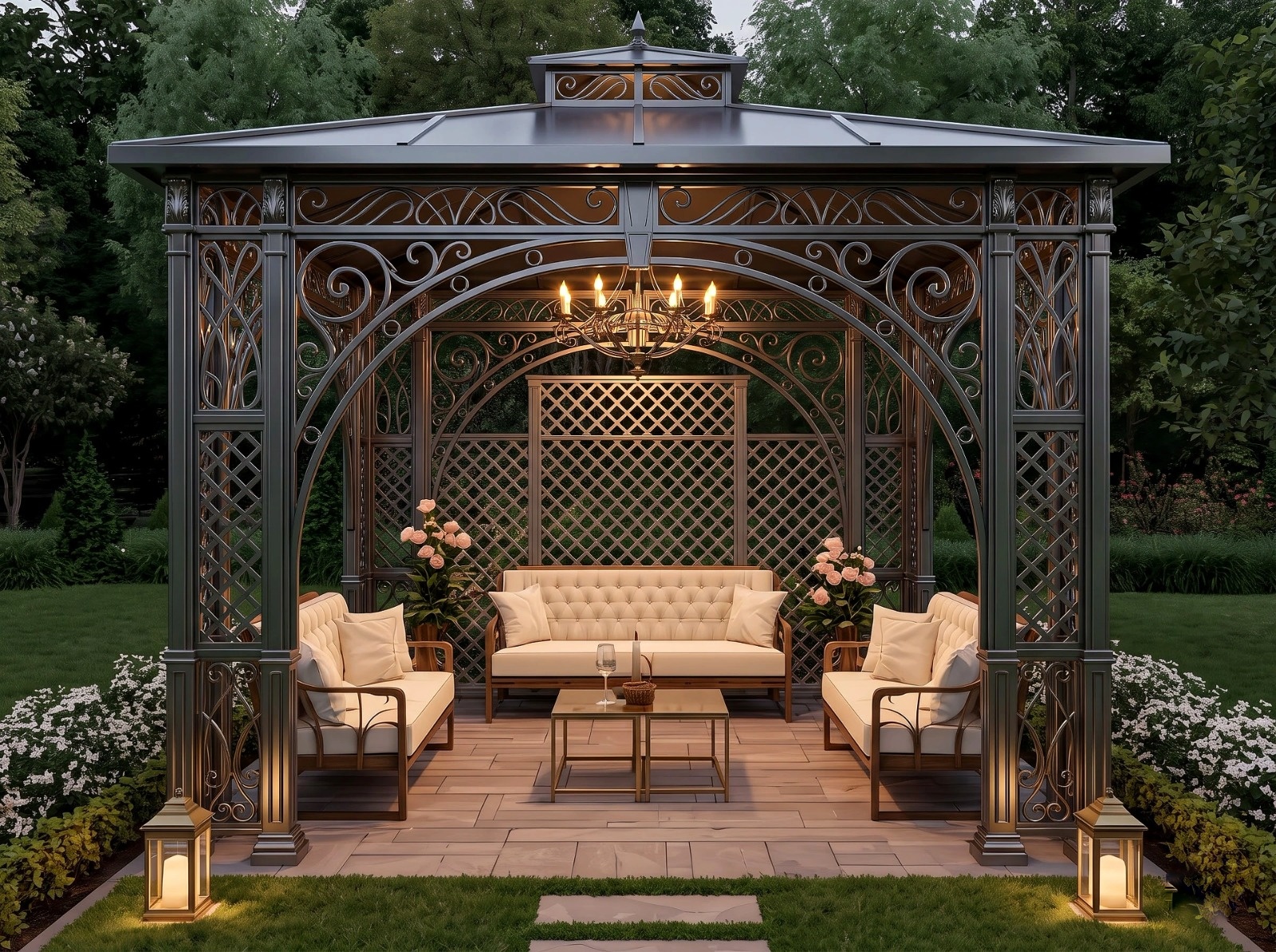 Dark garden gazebo with sweeping ornamental arches, lattice backdrop, a chandelier and cream cushioned sofas.