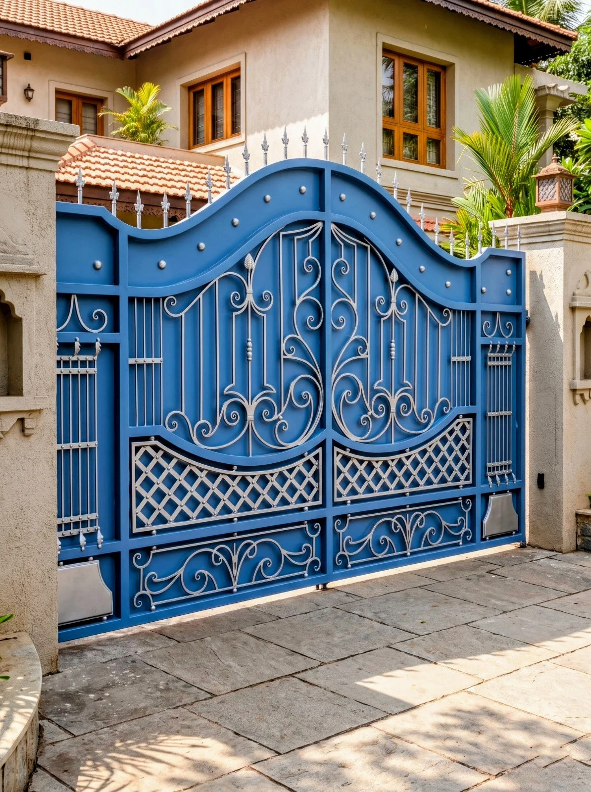 Decorative Blue Metal Entrance Gate with Silver Scrollwork