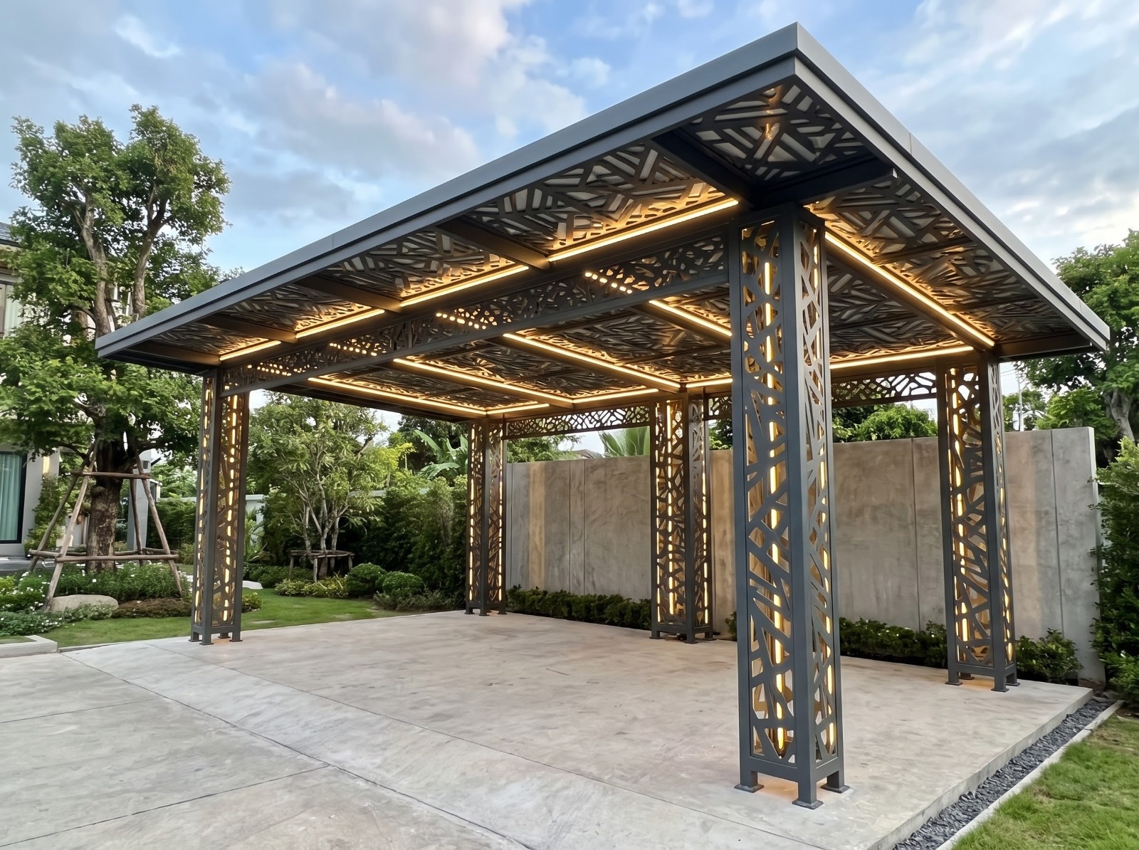 Decorative Laser-Cut Steel Carport with Integrated LED Lighting