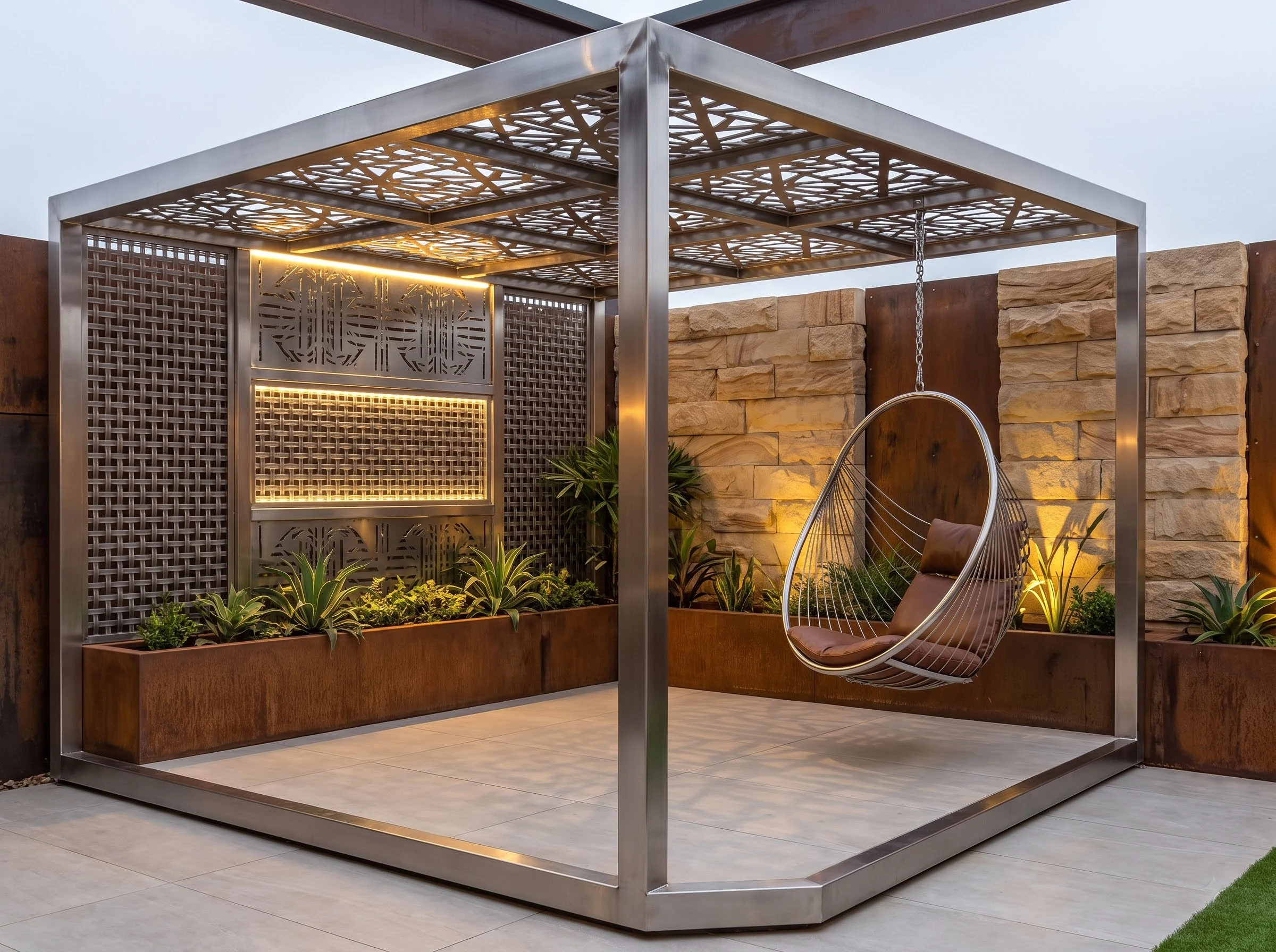Decorative Steel Rooftop Pergola with Hanging Chair