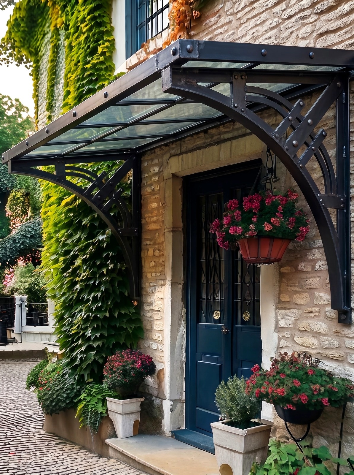 Decorative Wrought Iron Door Awning with Glass Canopy