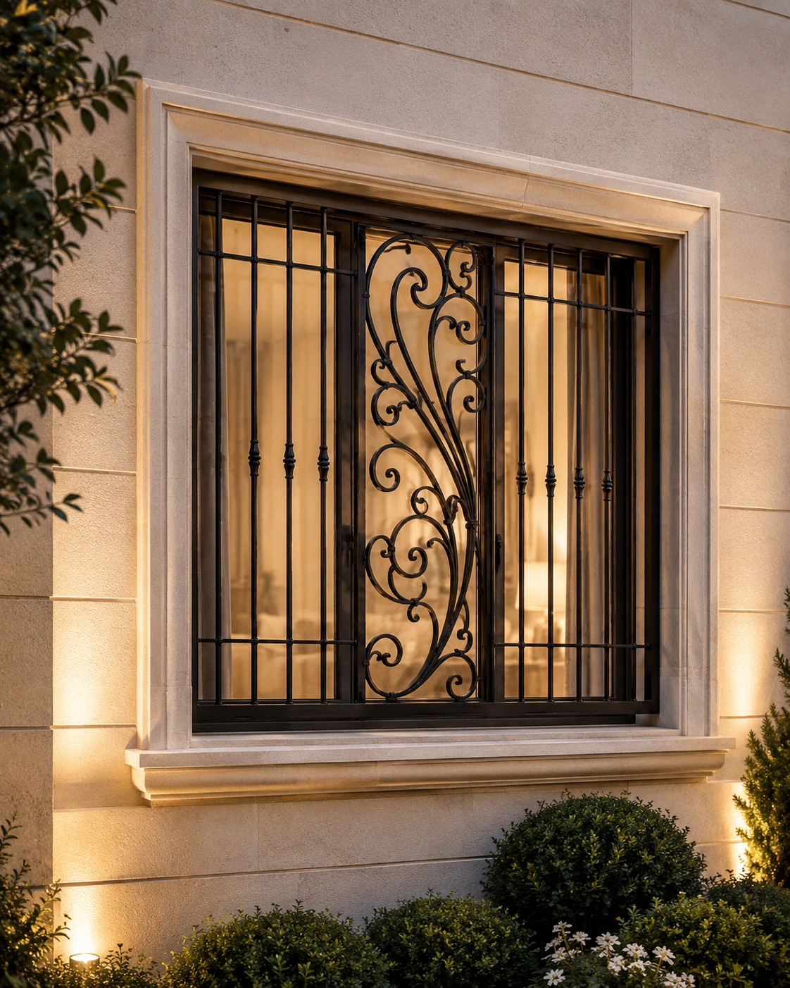 Luxury Ornamental Steel Window Grill with Warm Architectural Lighting