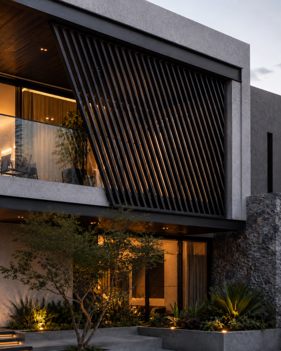 Premium Diagonal Steel Louver Façade Design