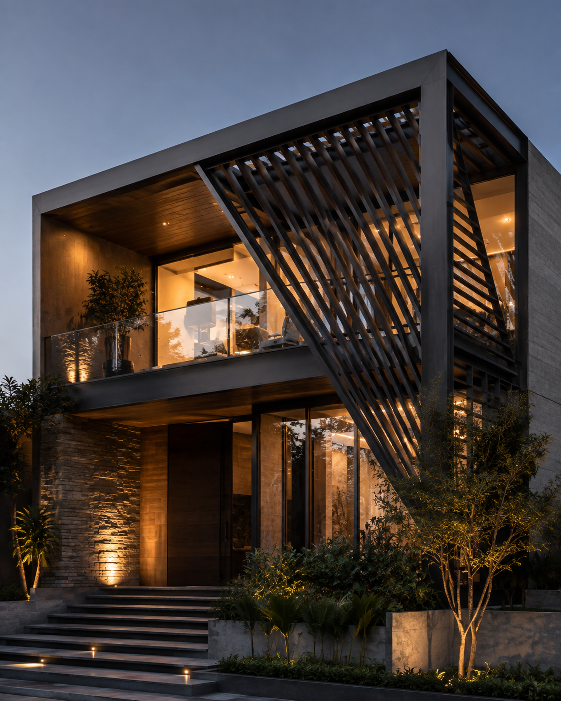 Luxury Diagonal Steel Louver Façade Design