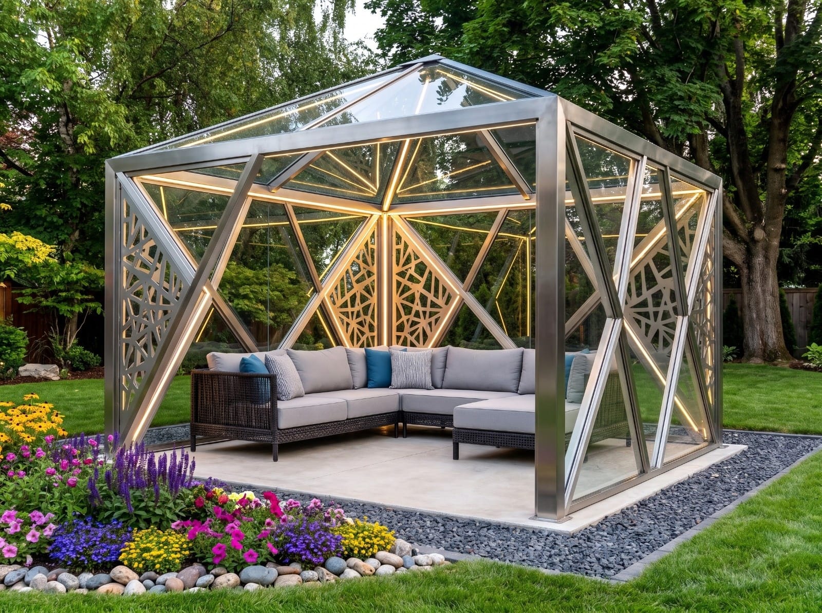 Futuristic Glass Garden Pavilion with Geometric Steel Frame