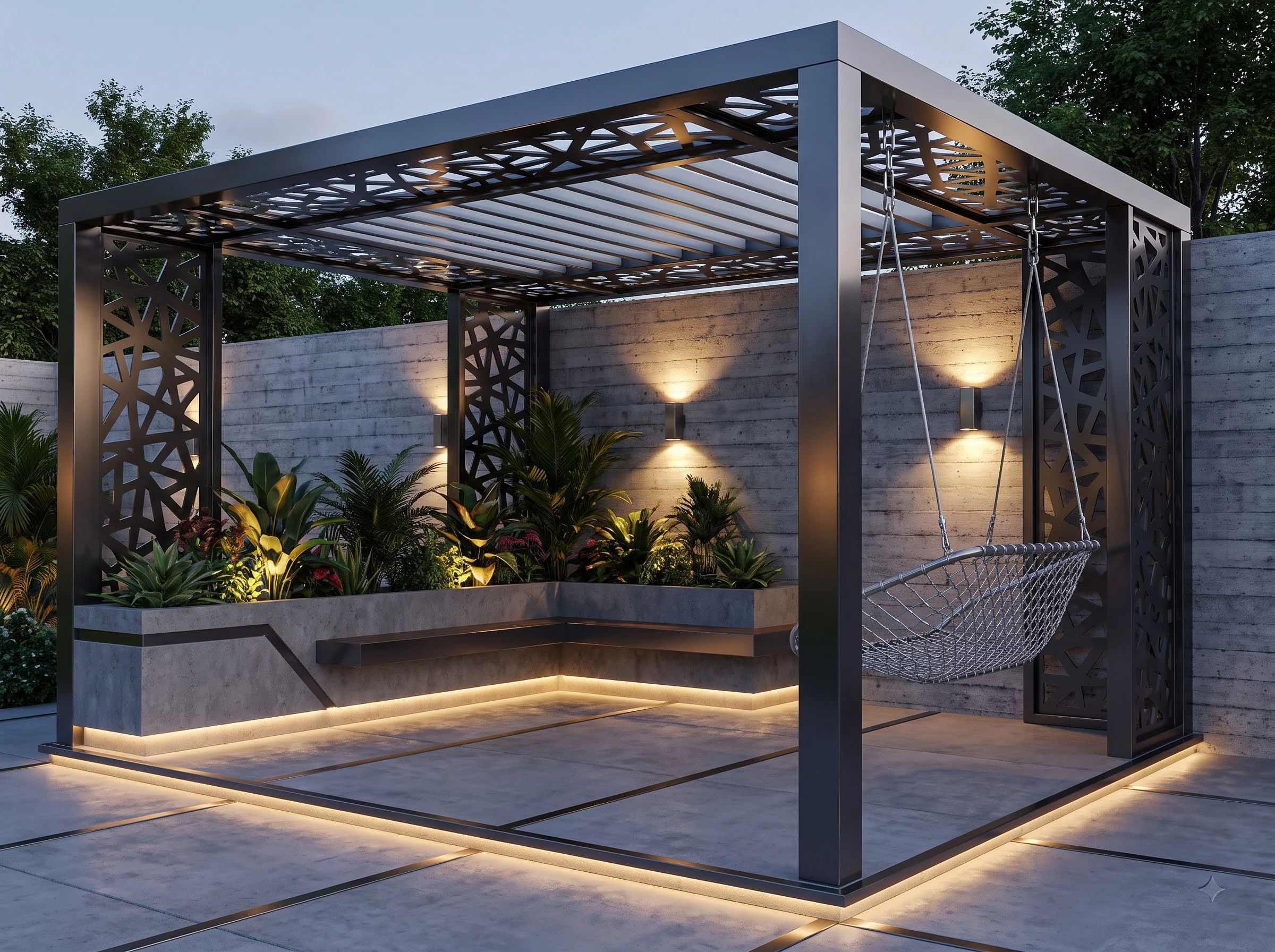 Geometric Steel Rooftop Pergola with Garden Seating