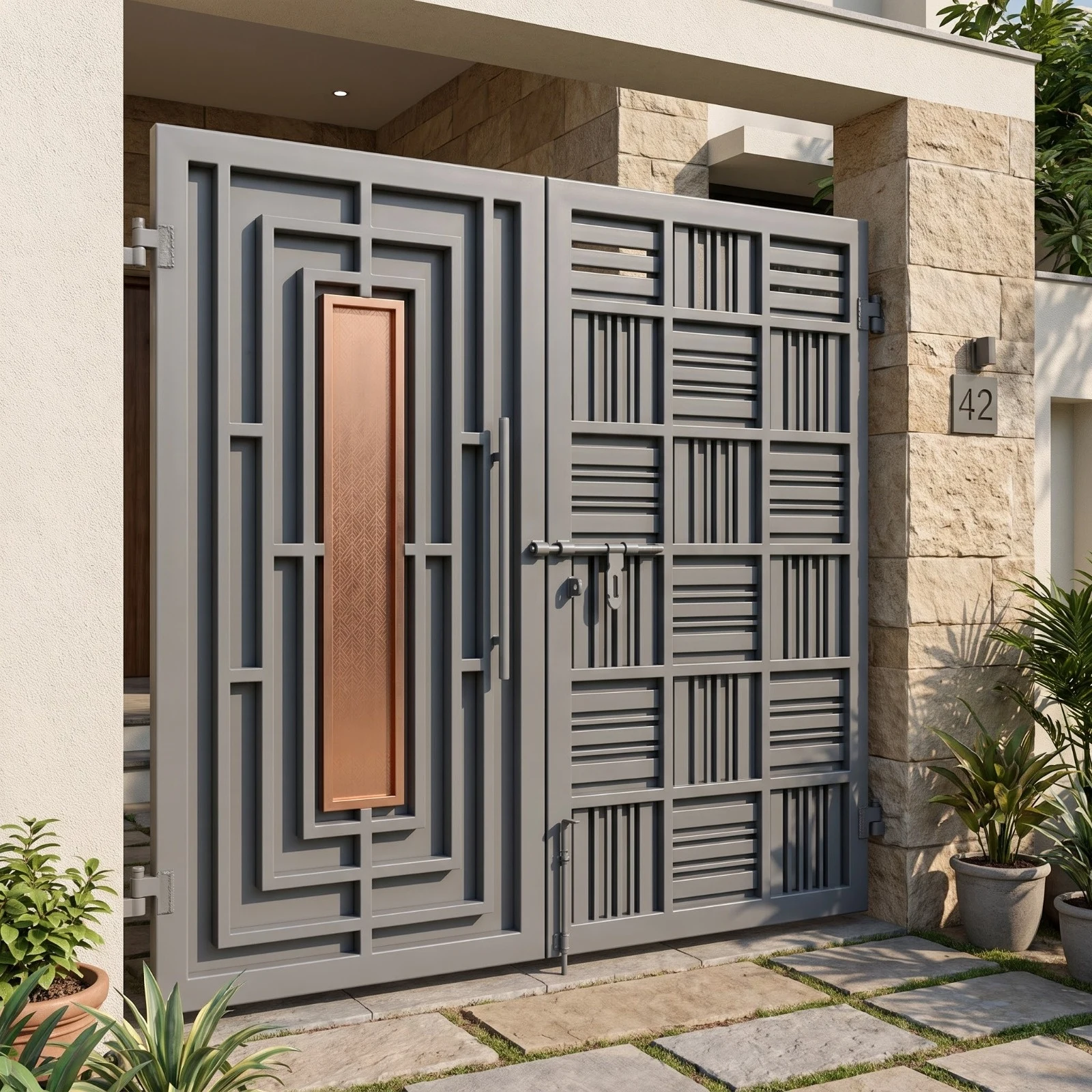 Image Title: Modern Grey Metal Entrance Gate with Copper Accent Panel