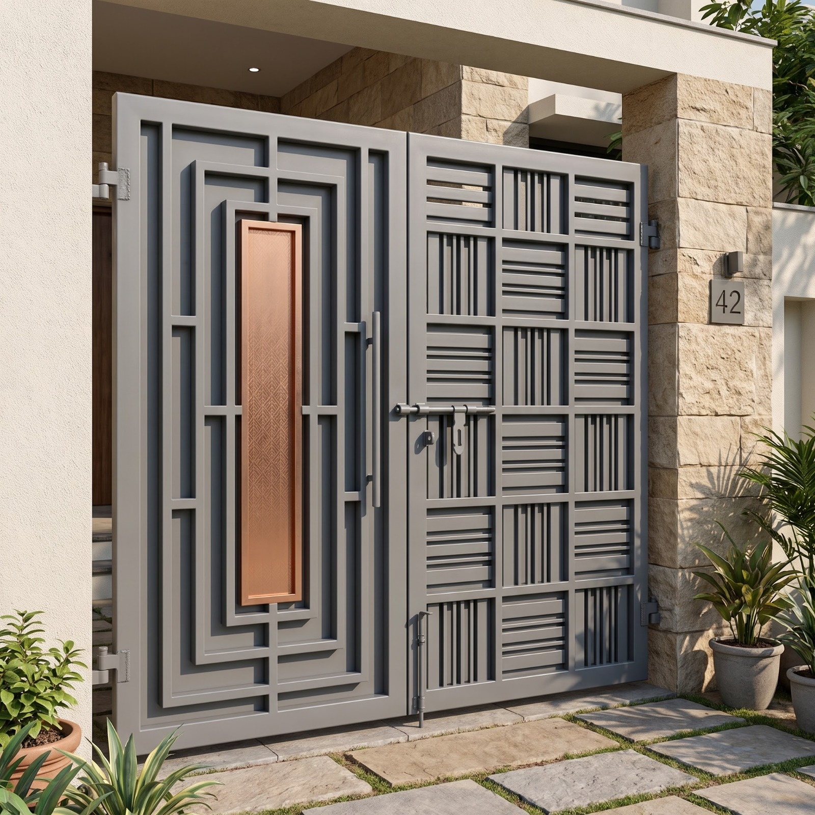 Image Title: Modern Grey Metal Entrance Gate with Copper Accent Panel