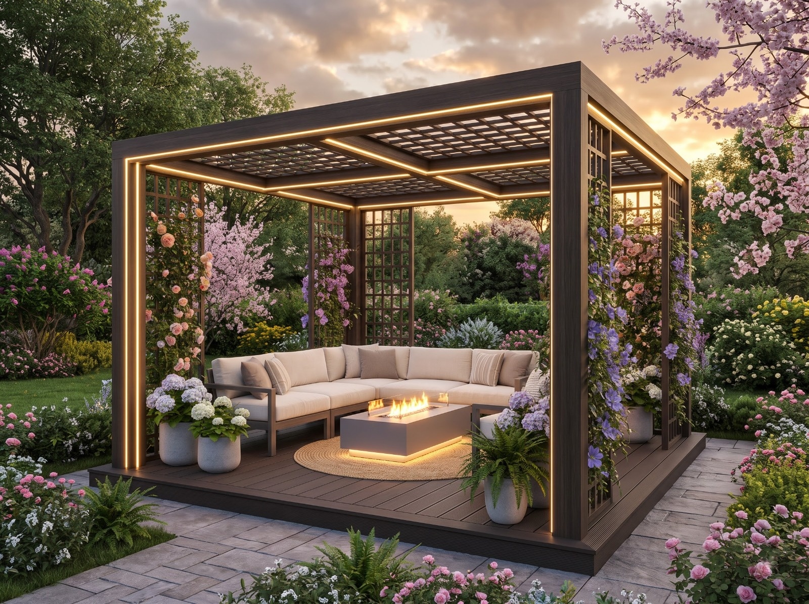 Luxury Illuminated Garden Pergola with Floral Trellis
