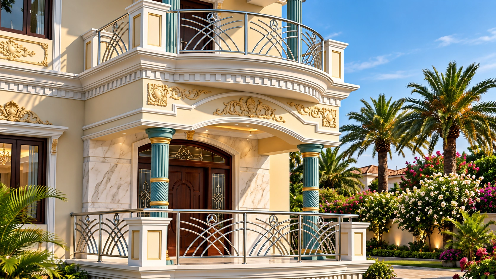 Luxury Neoclassical Stainless Steel Balcony Railing Design for an Indian home exterior