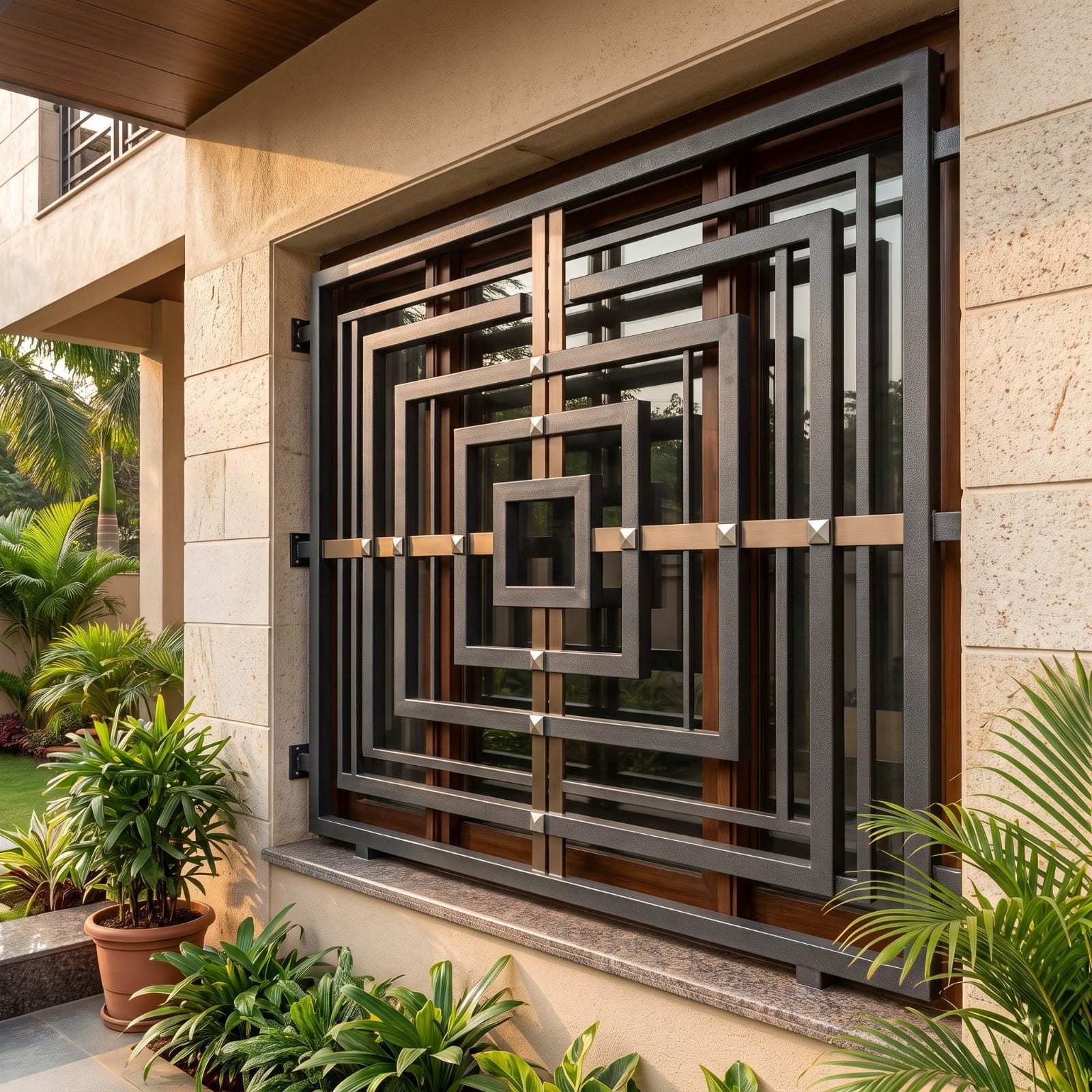 Luxury Nested-Square Window Grill with Metallic Highlights