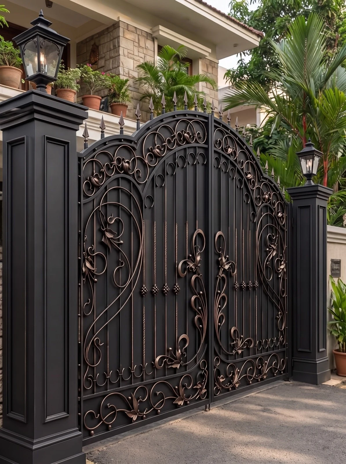Luxury Ornamental Black Metal Entrance Gate with Bronze Accents