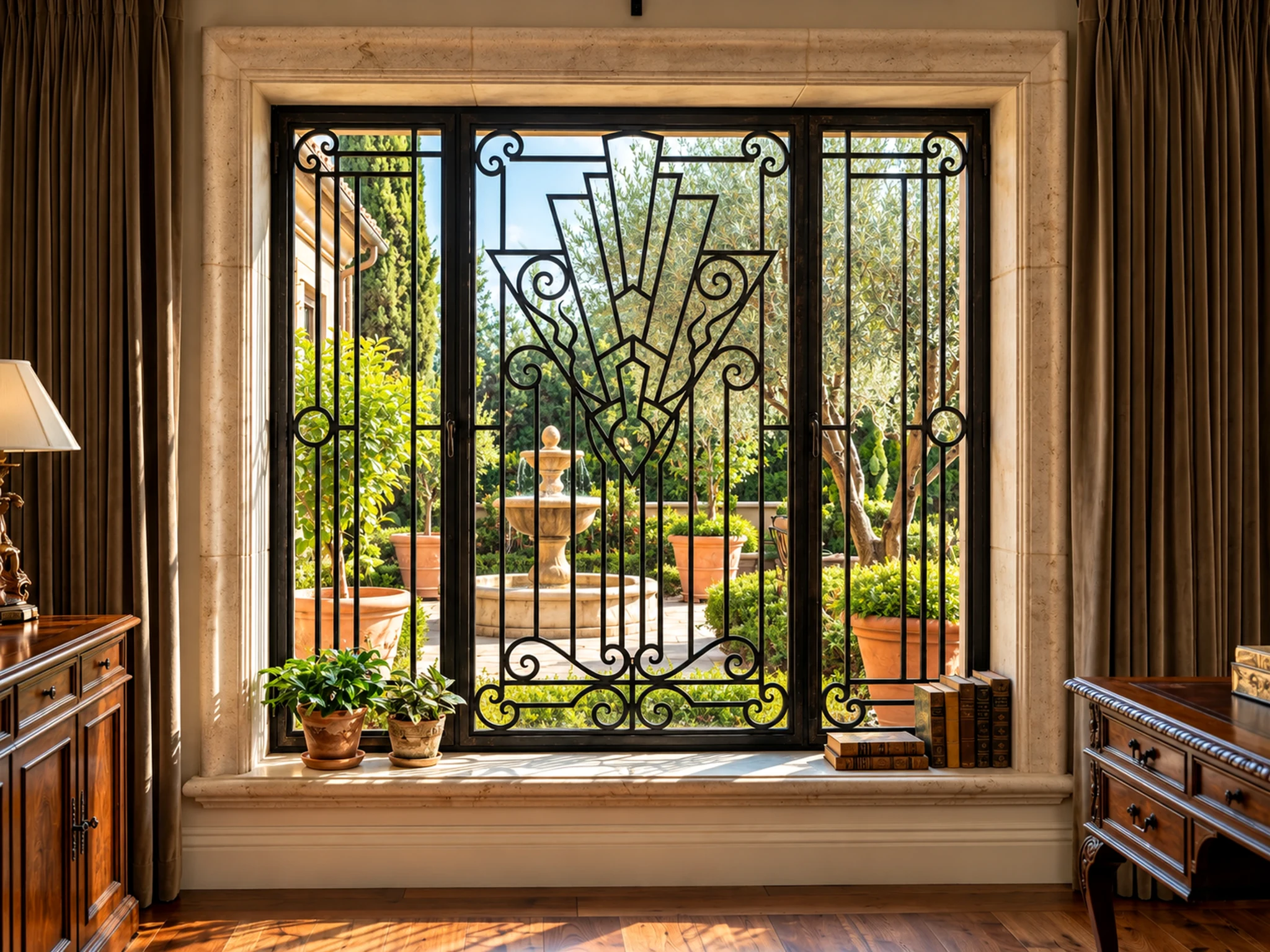 Luxury Ornamental Black Metal Window Grill with Garden View