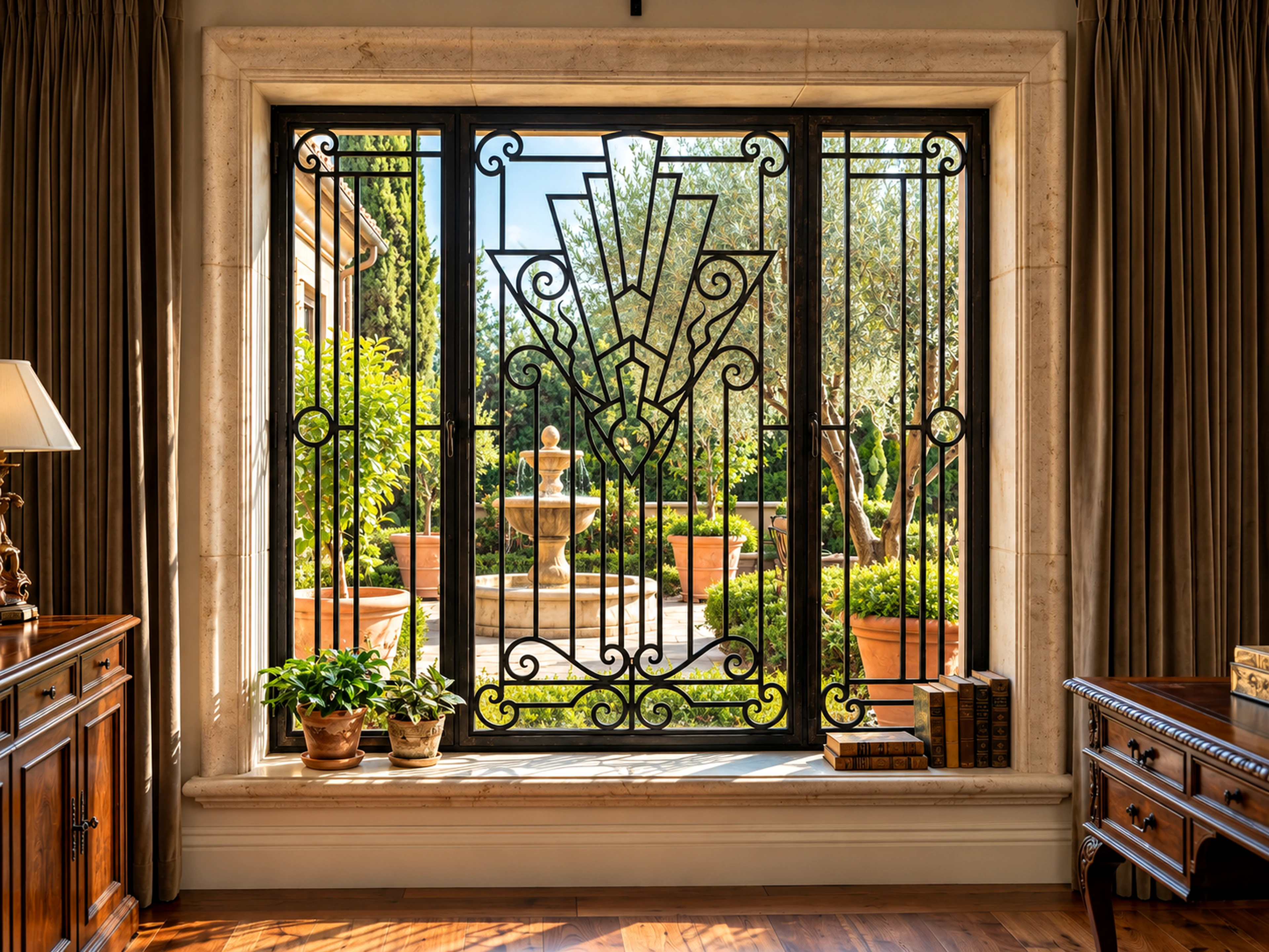 Luxury Ornamental Black Metal Window Grill with Garden View