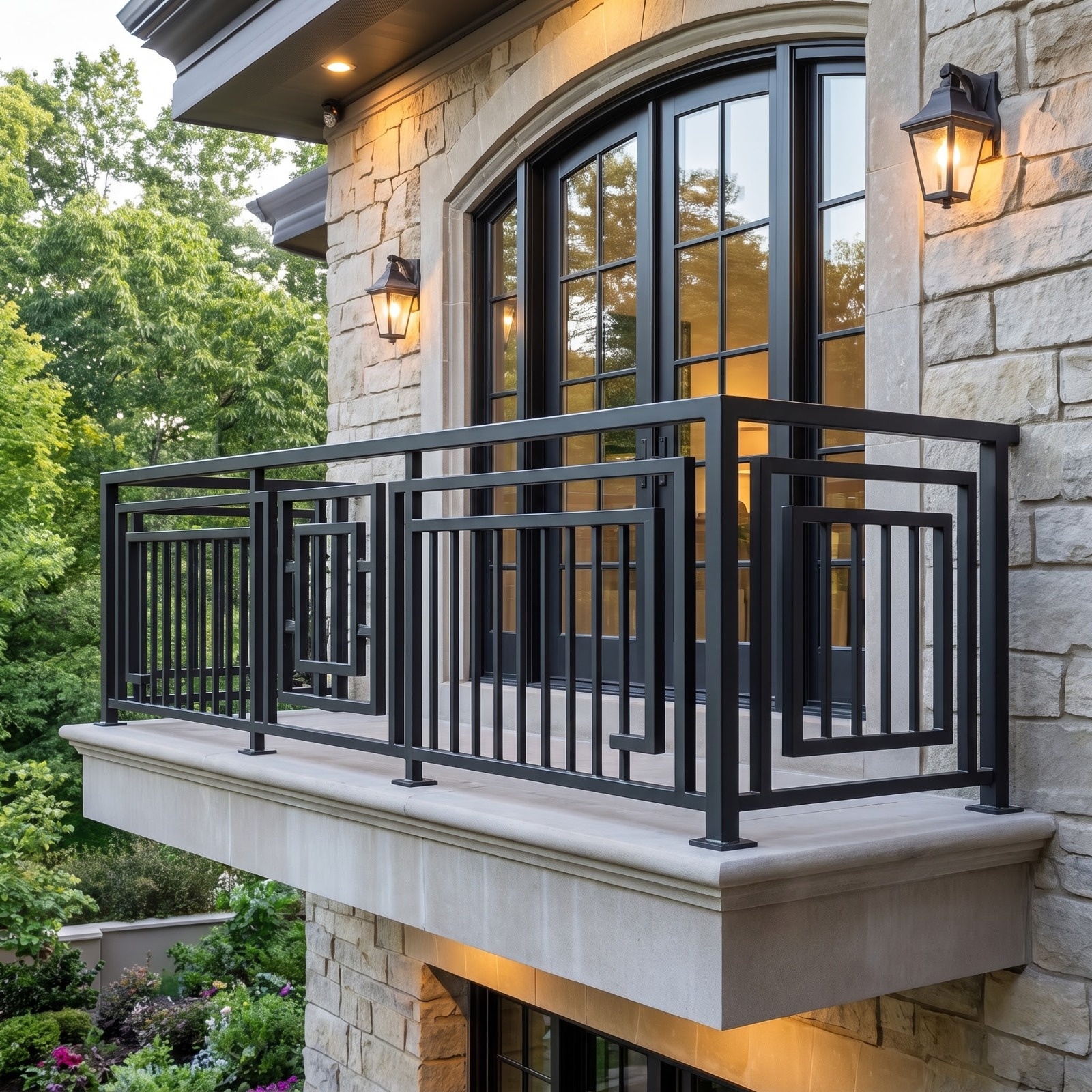 Modern Black Balcony Railing with Layered Rectangular Frames