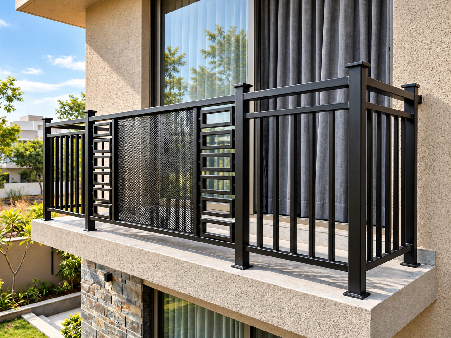 Modern Black Metal Balcony Railing with Geometric Mesh Panel