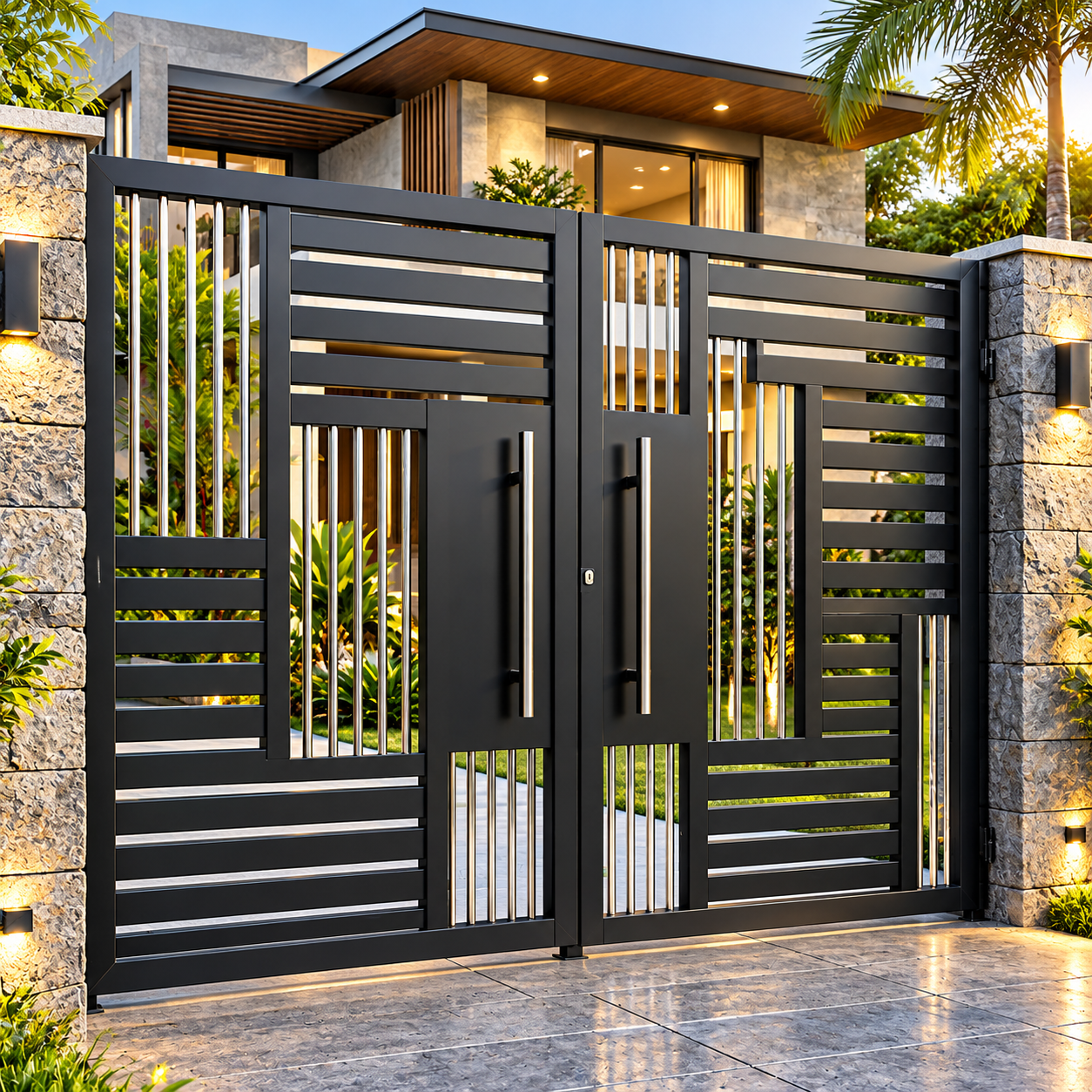 Modern Black & Stainless Steel Geometric Entrance Gate