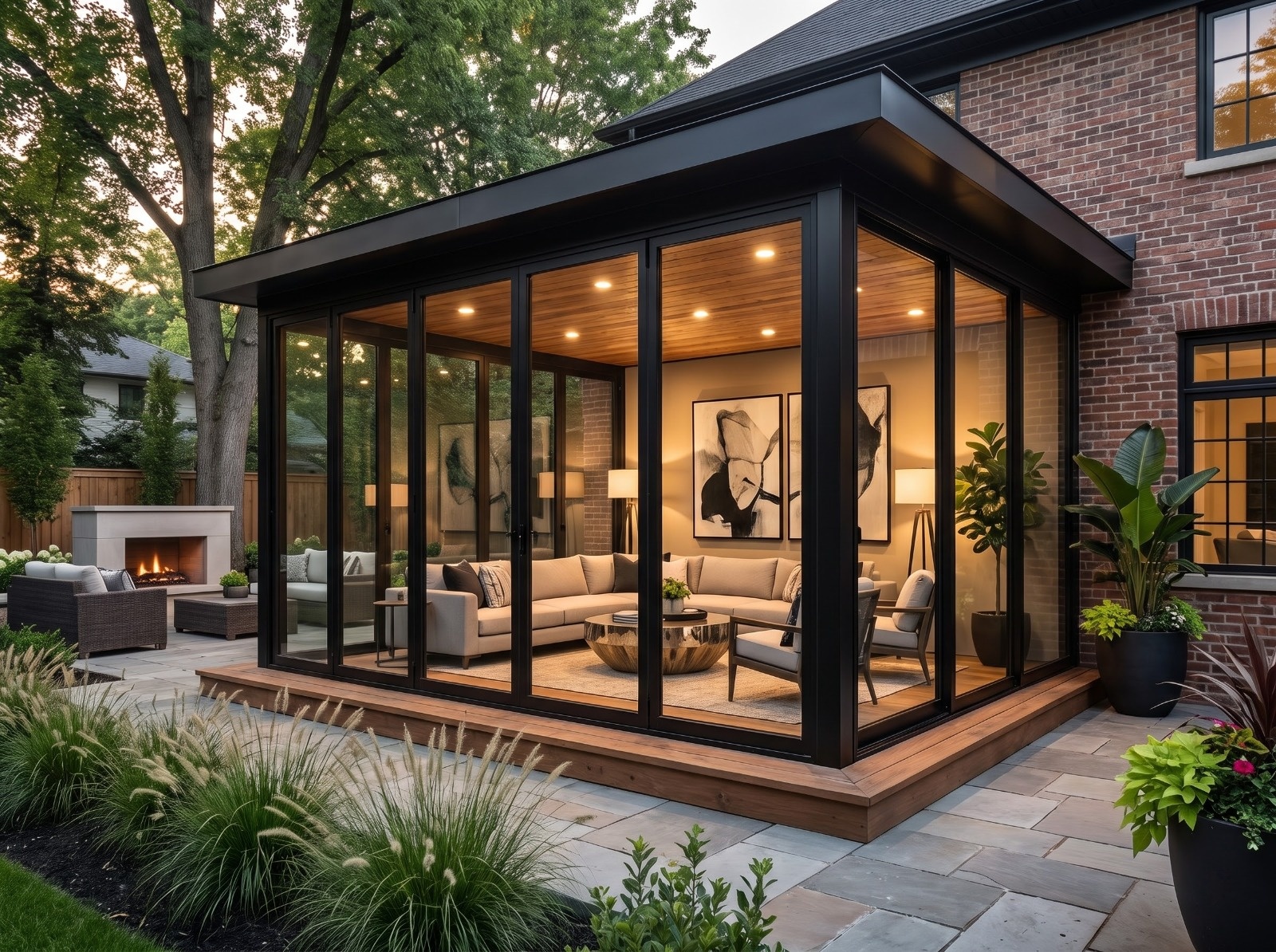 Modern Black Steel Glass Garden Room with Warm Wood Ceiling