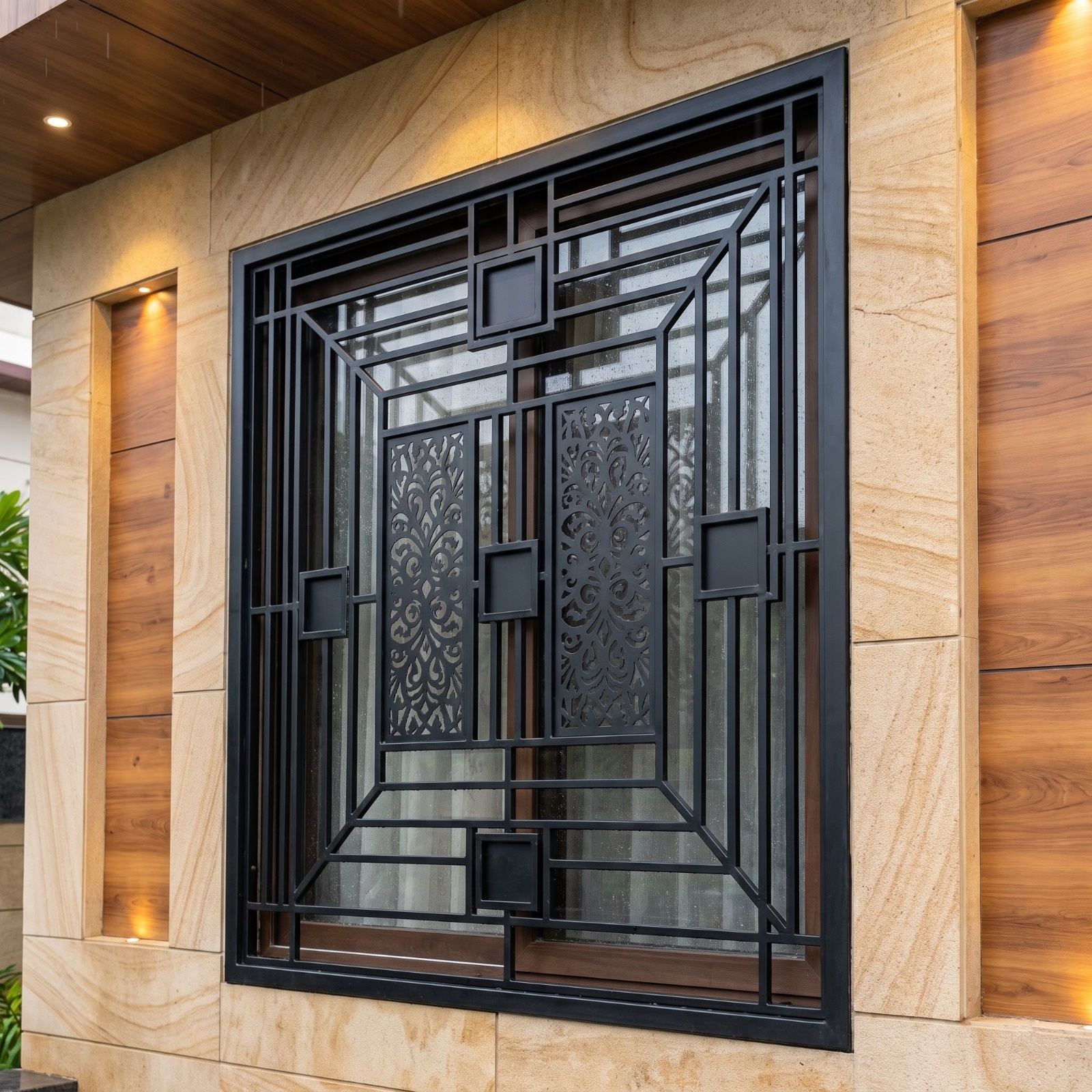Modern Black Window Grill with Decorative Laser-Cut Center Panels