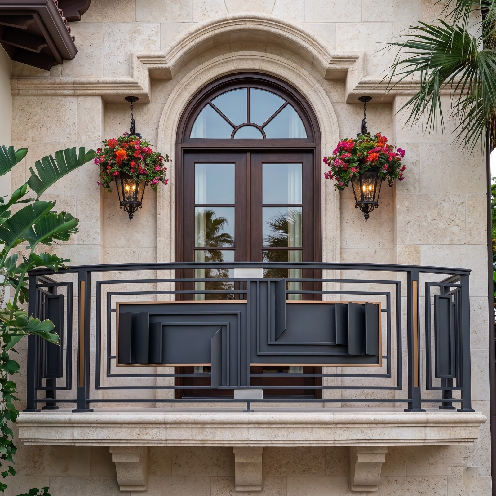 Modern Charcoal Balcony Railing with Sculptural Geometric Panels