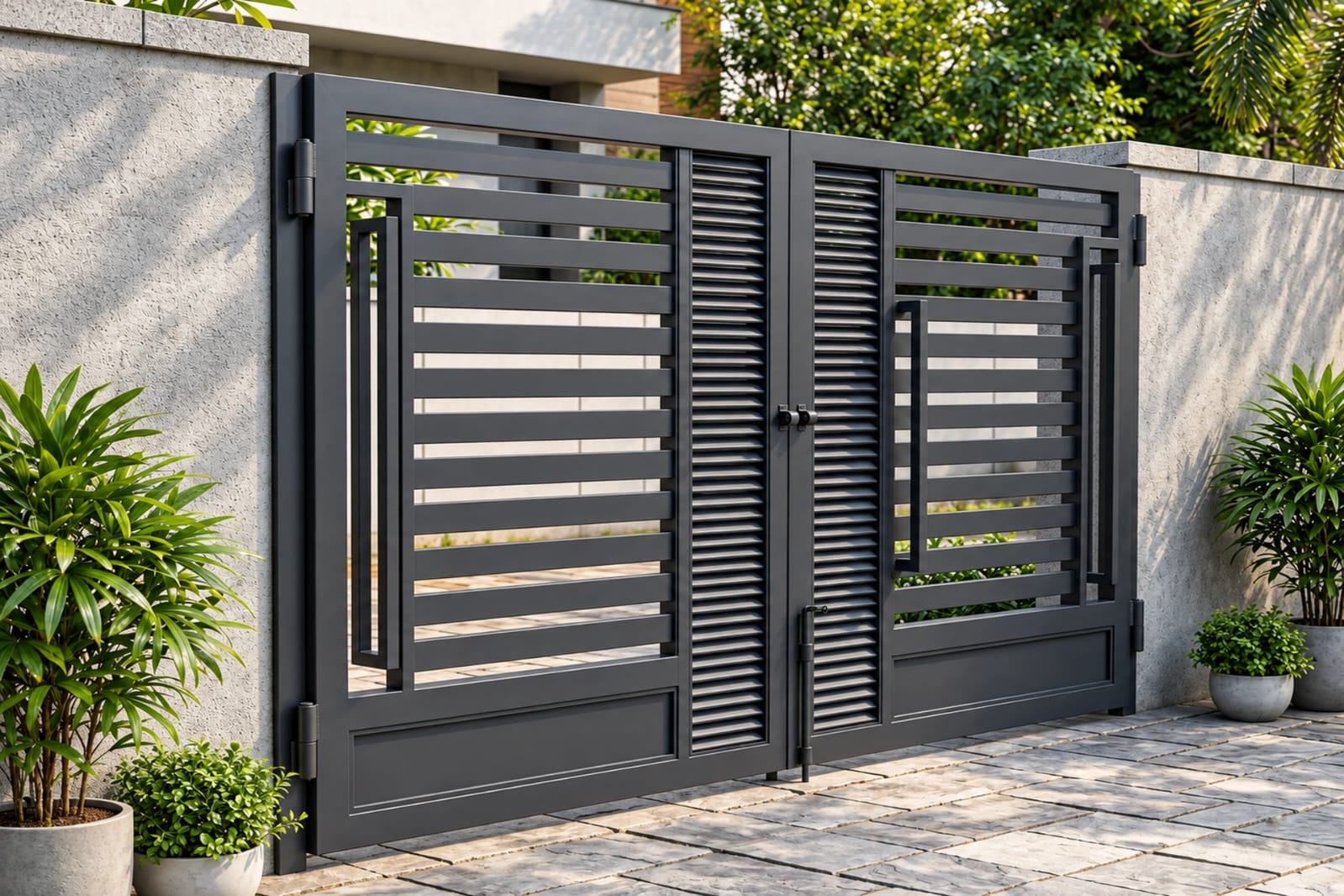 Modern Charcoal Grey Horizontal Slat Entrance Gate