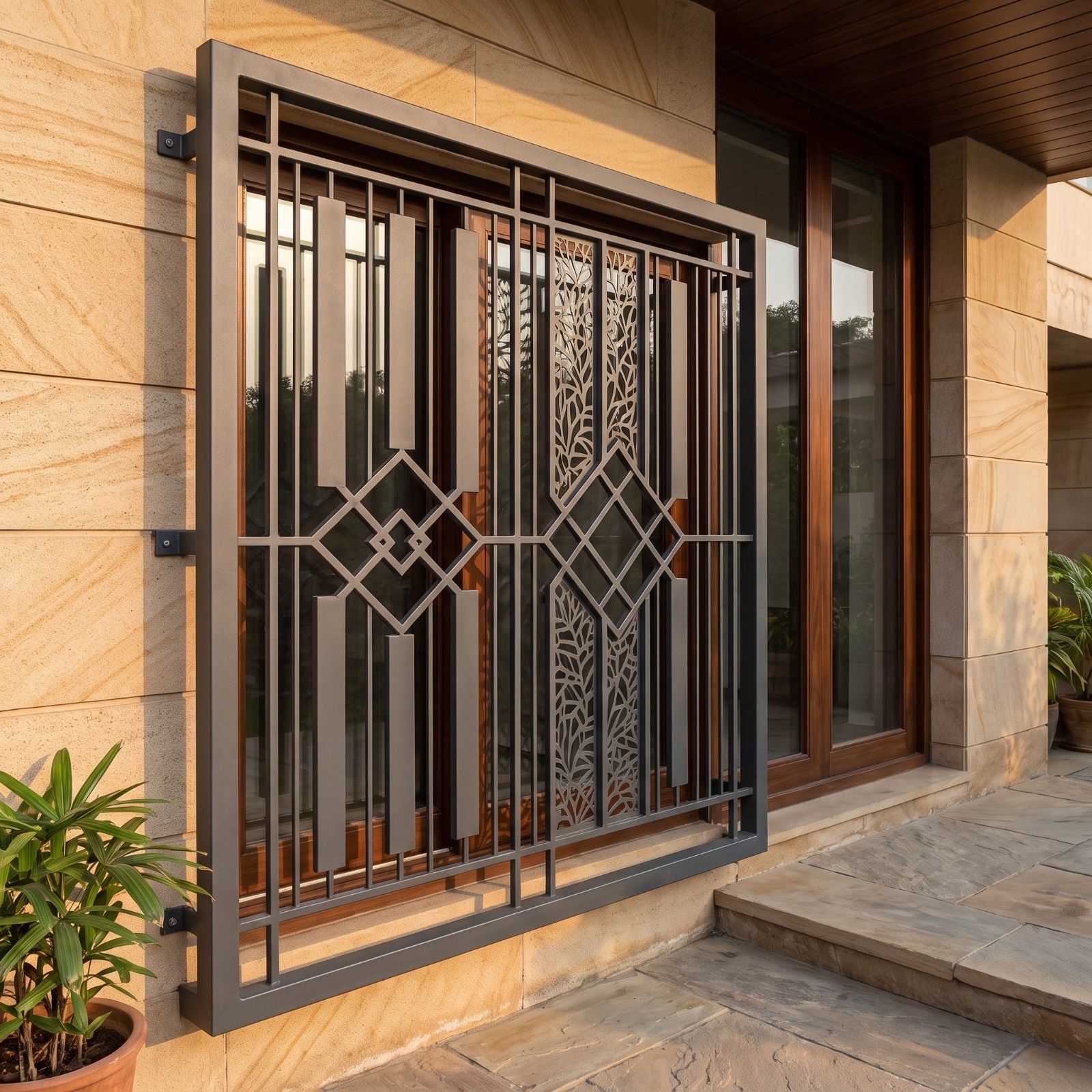 Modern Diamond and Laser-Cut Window Grill Design