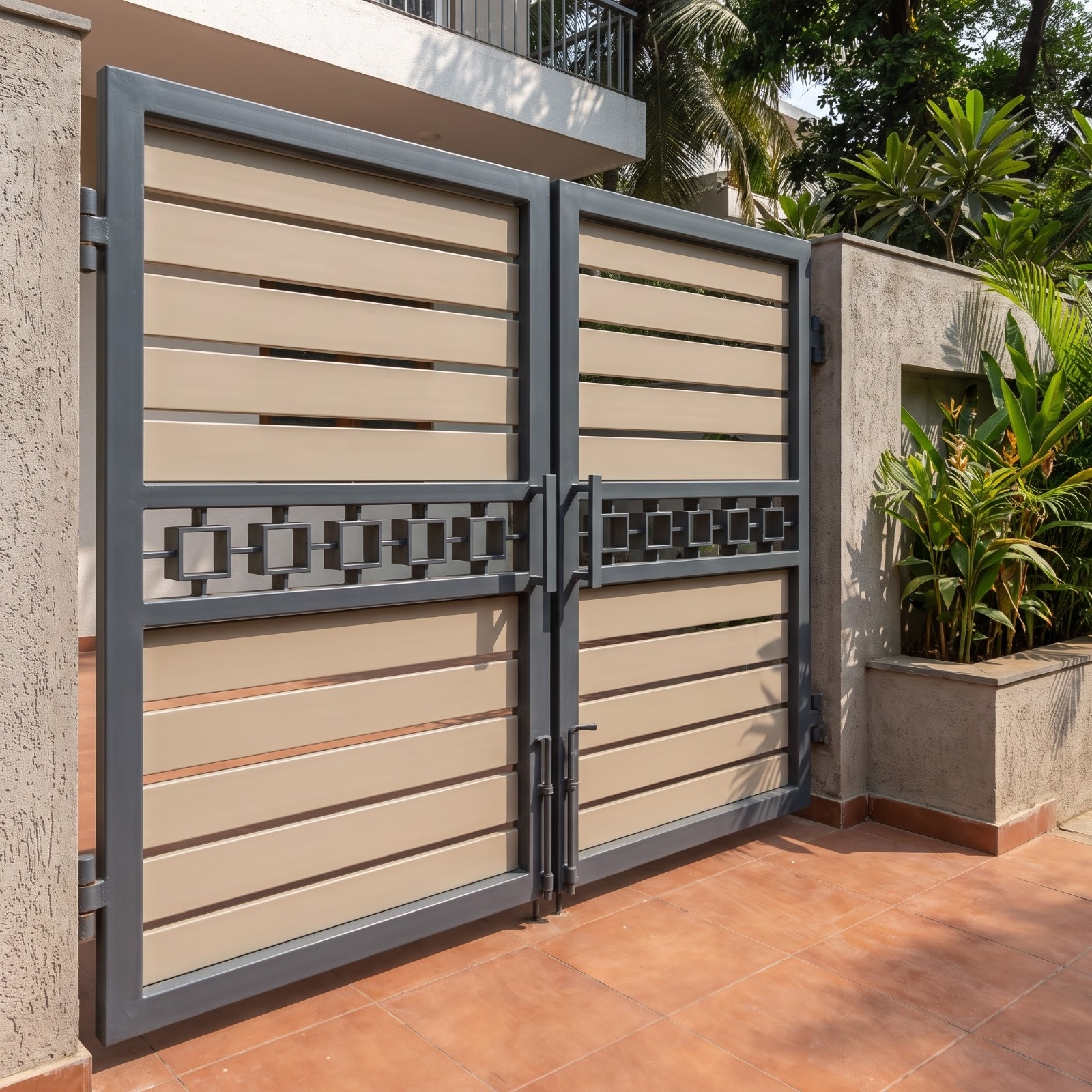 Modern Dual-Tone Horizontal Slat Entrance Gate