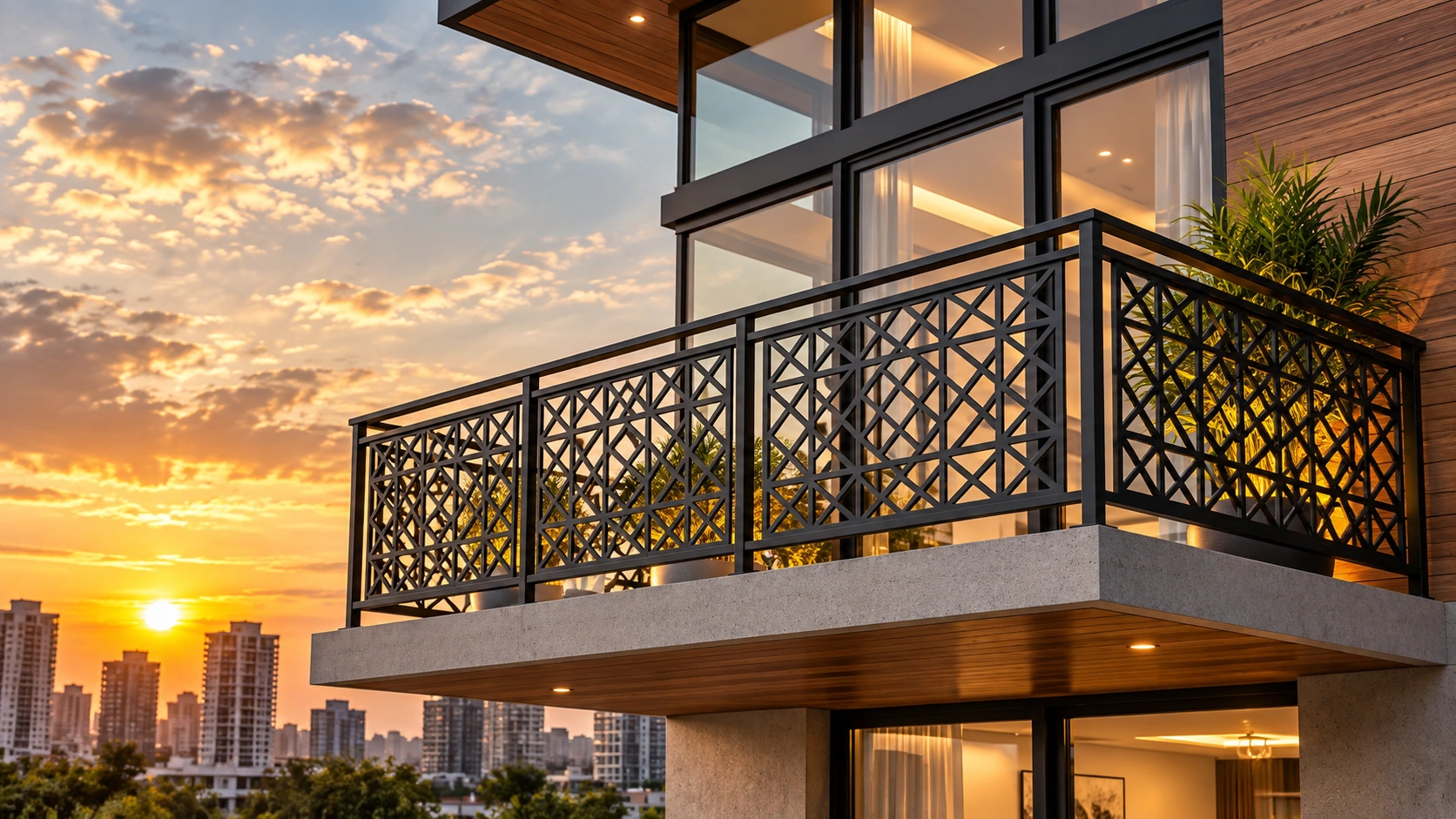 Modern Geometric Black Metal Balcony Railing Design for an Indian home exterior
