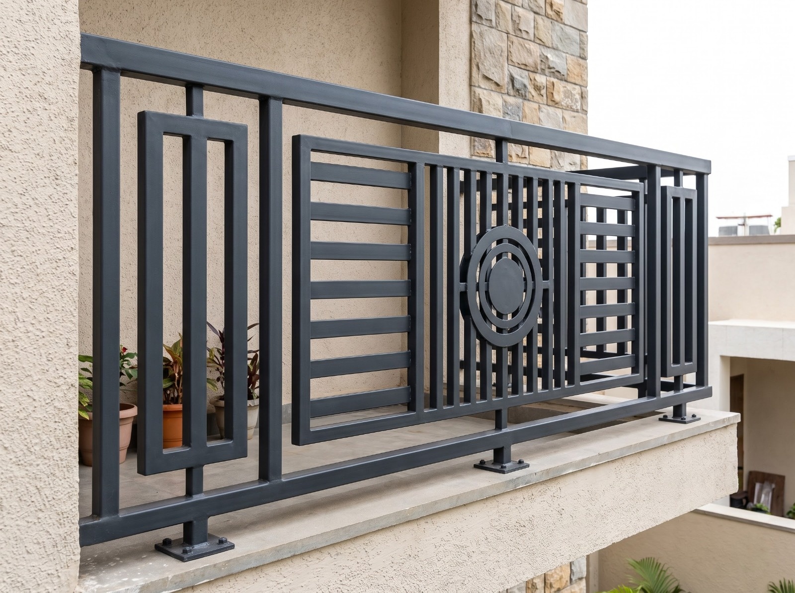 Modern Geometric Black Metal Balcony Railing Design