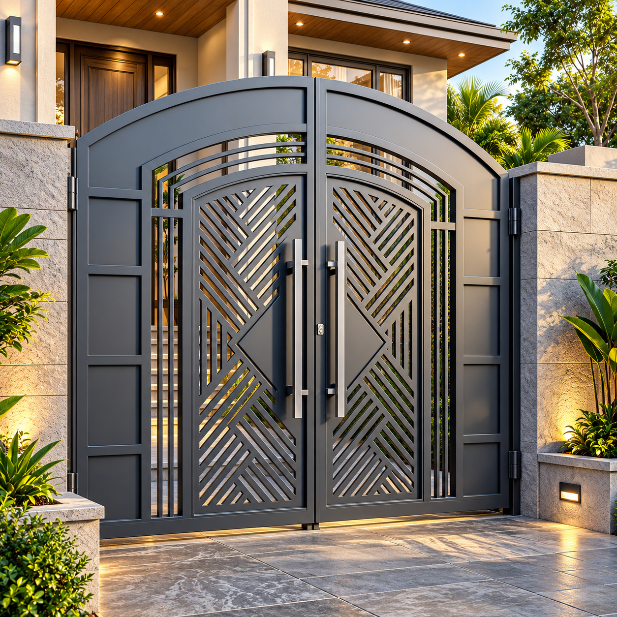 Modern Geometric Grey Metal Entrance Gate with Arched Frame