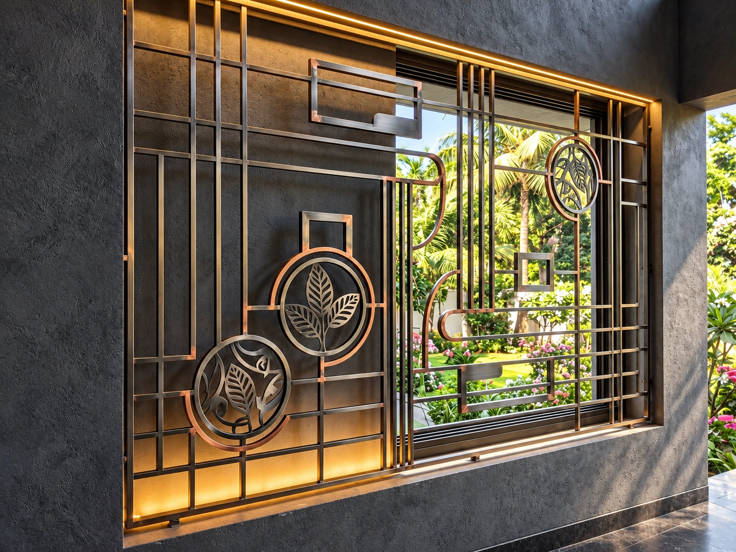 Modern Geometric Leaf Window Grill with Warm Lighting