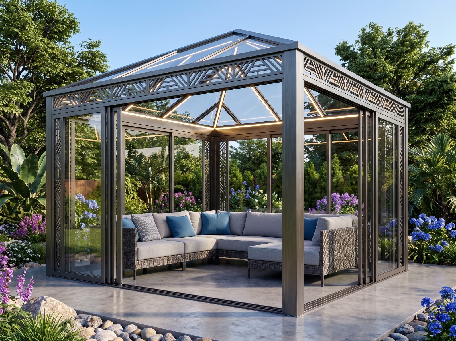 Modern Glass-Enclosed Garden Gazebo with Geometric Steel Frame