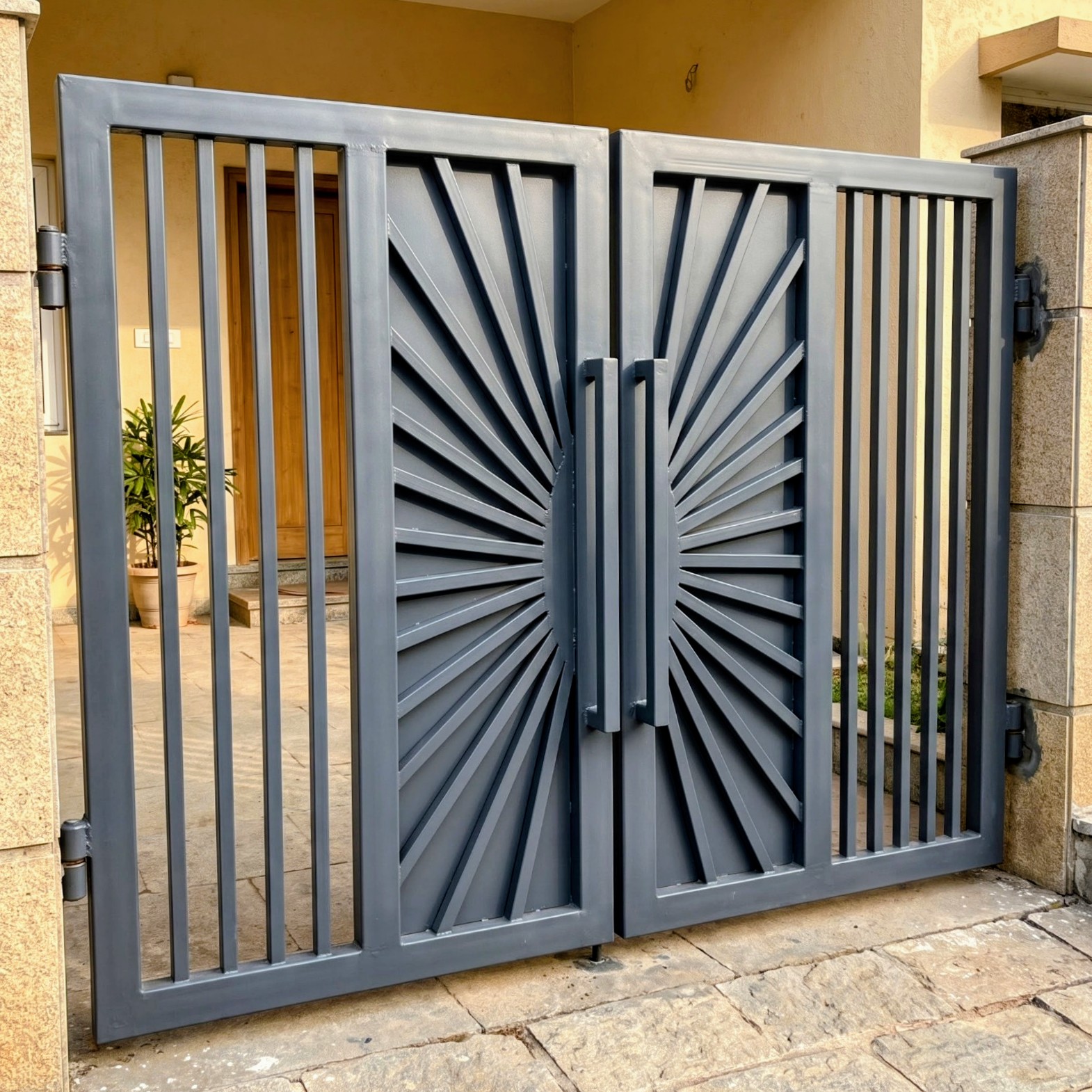 Modern Grey Double Swing Gate with Sunburst Pattern