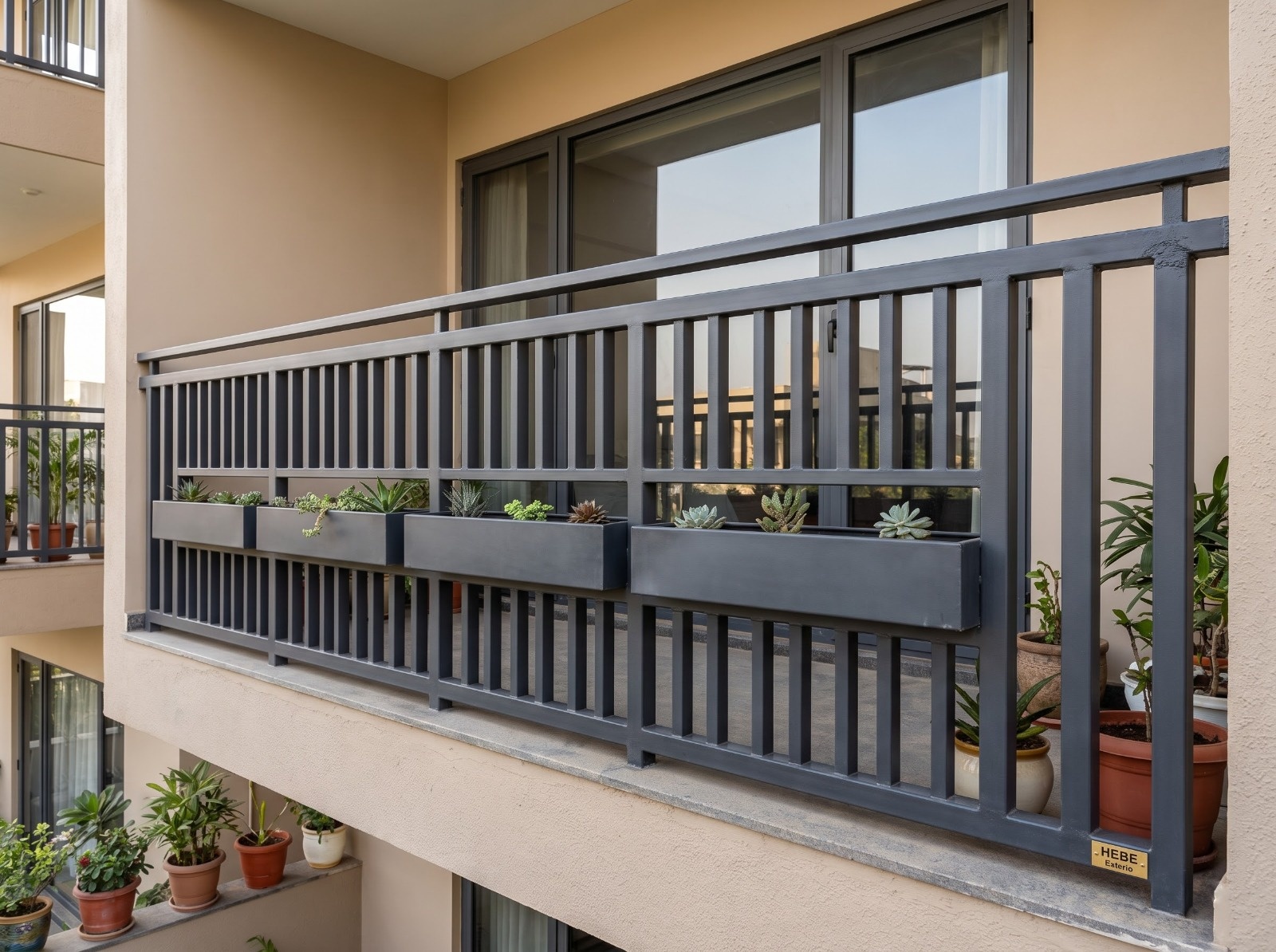 Modern Grey Metal Balcony Railing with Integrated Planter Boxes