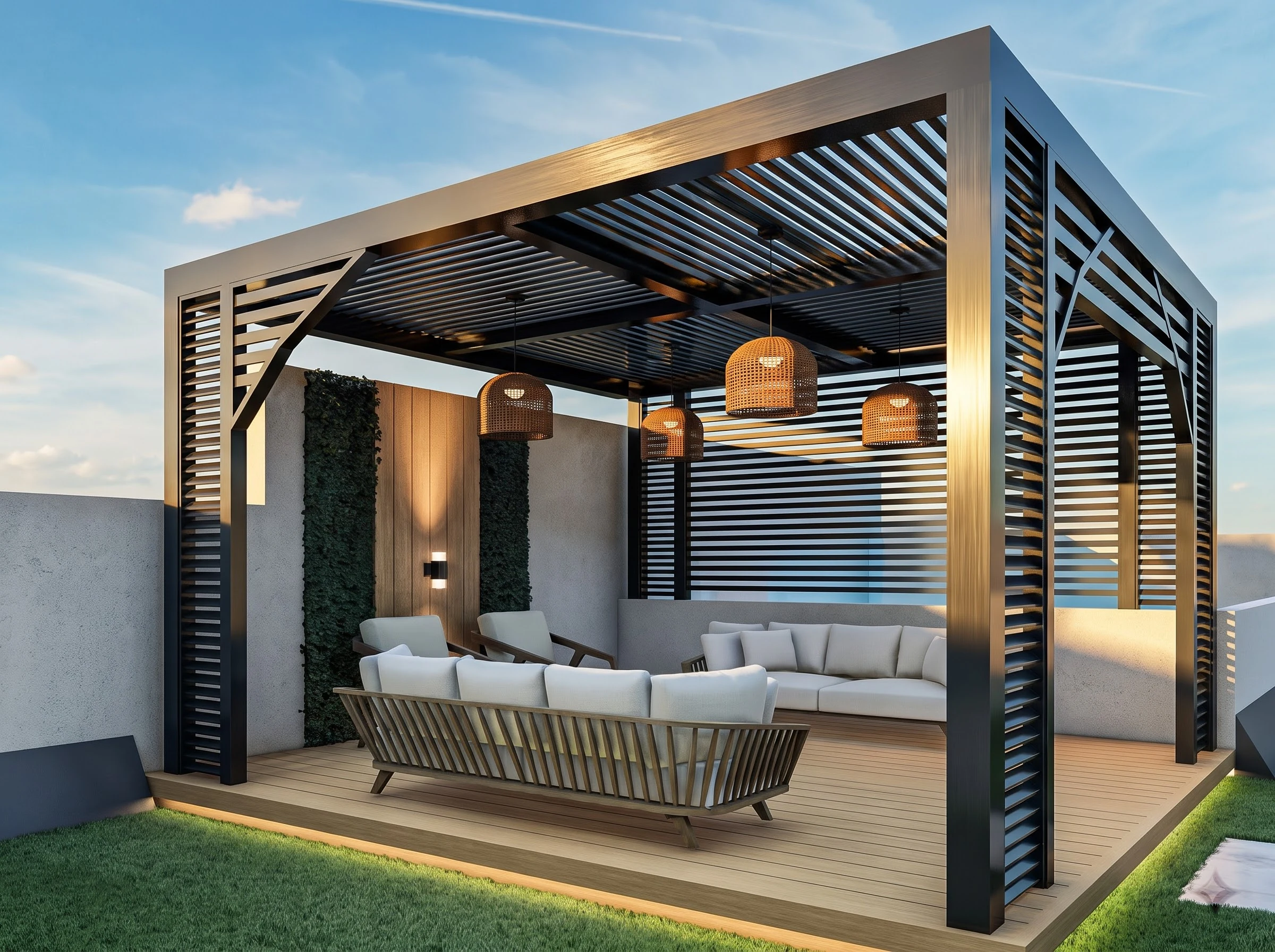 Modern Louvered Rooftop Pergola Lounge Design