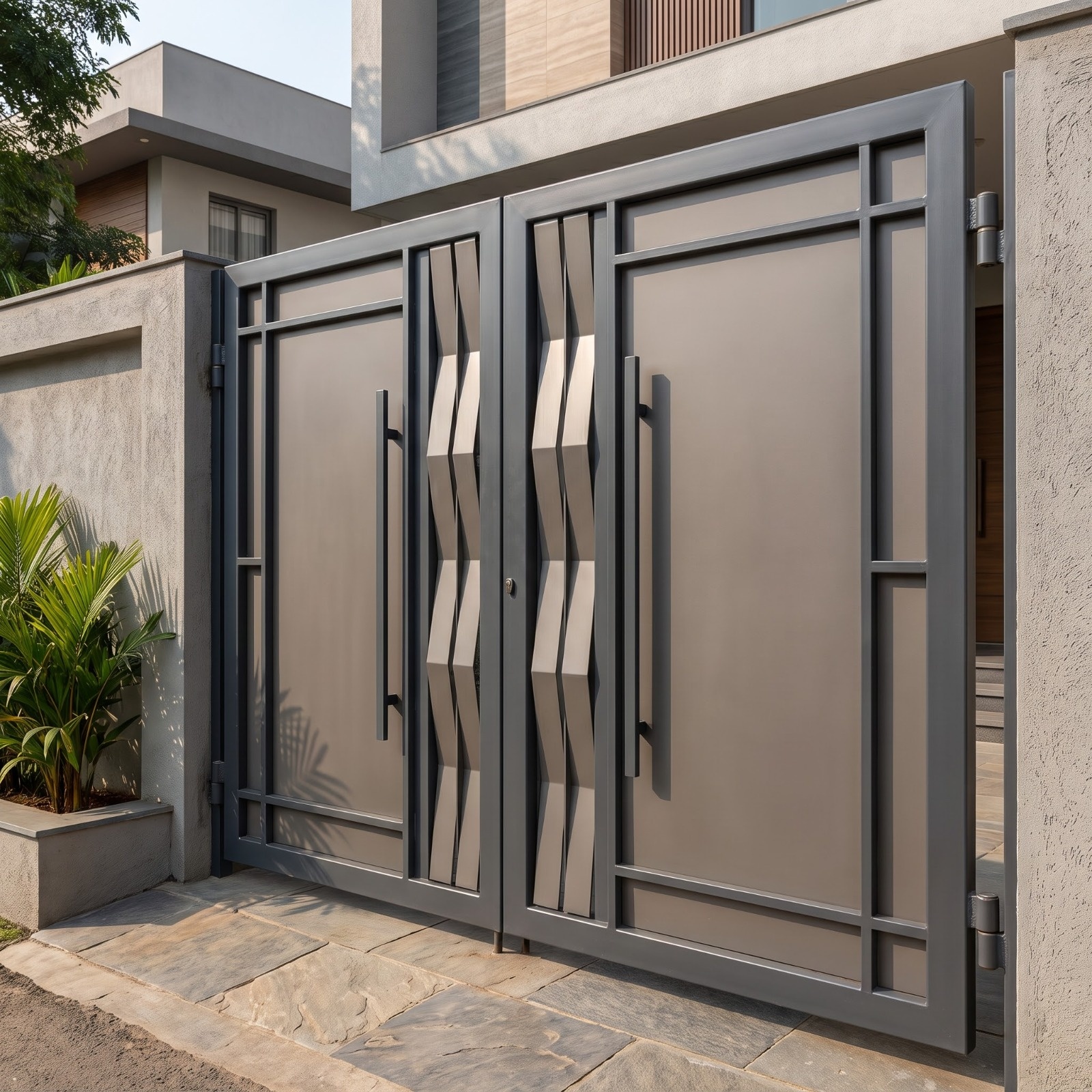 Modern Minimal Grey Entrance Gate with Sculptural Center Panels
