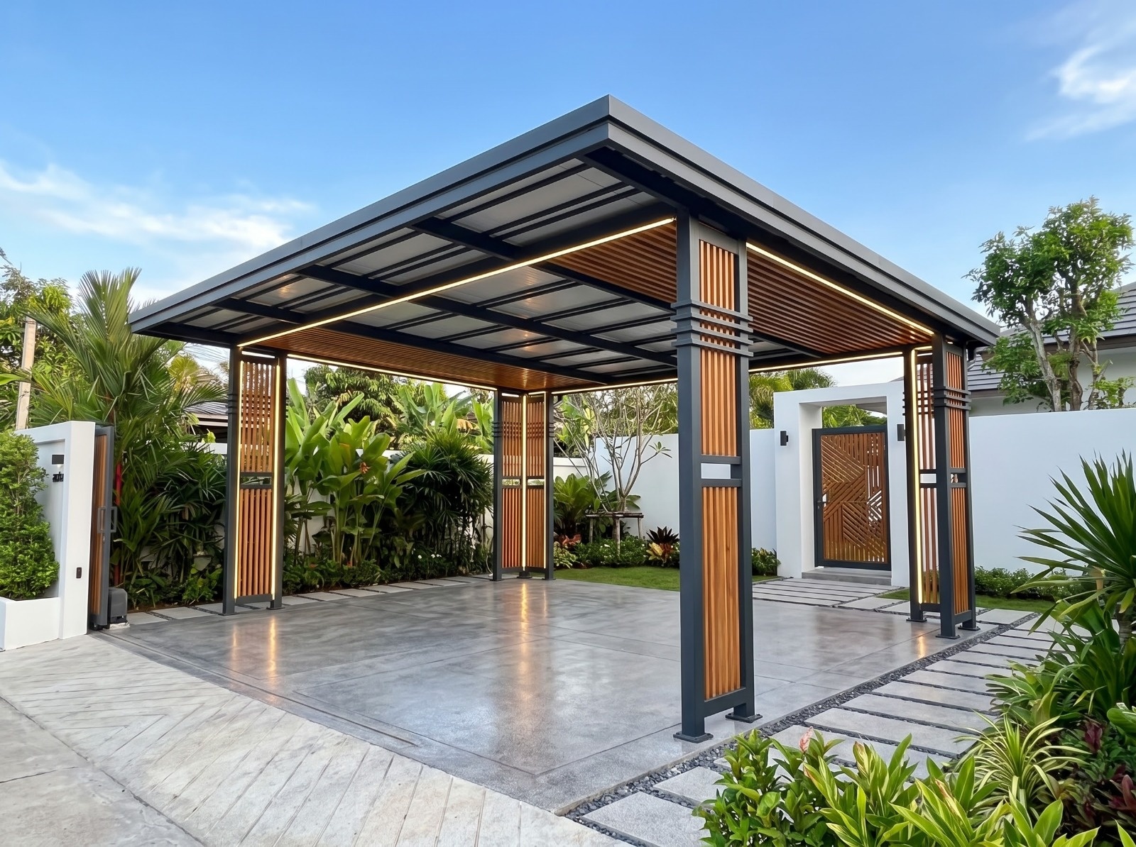 Modern Steel Carport with Wood-Finish Slat Columns
